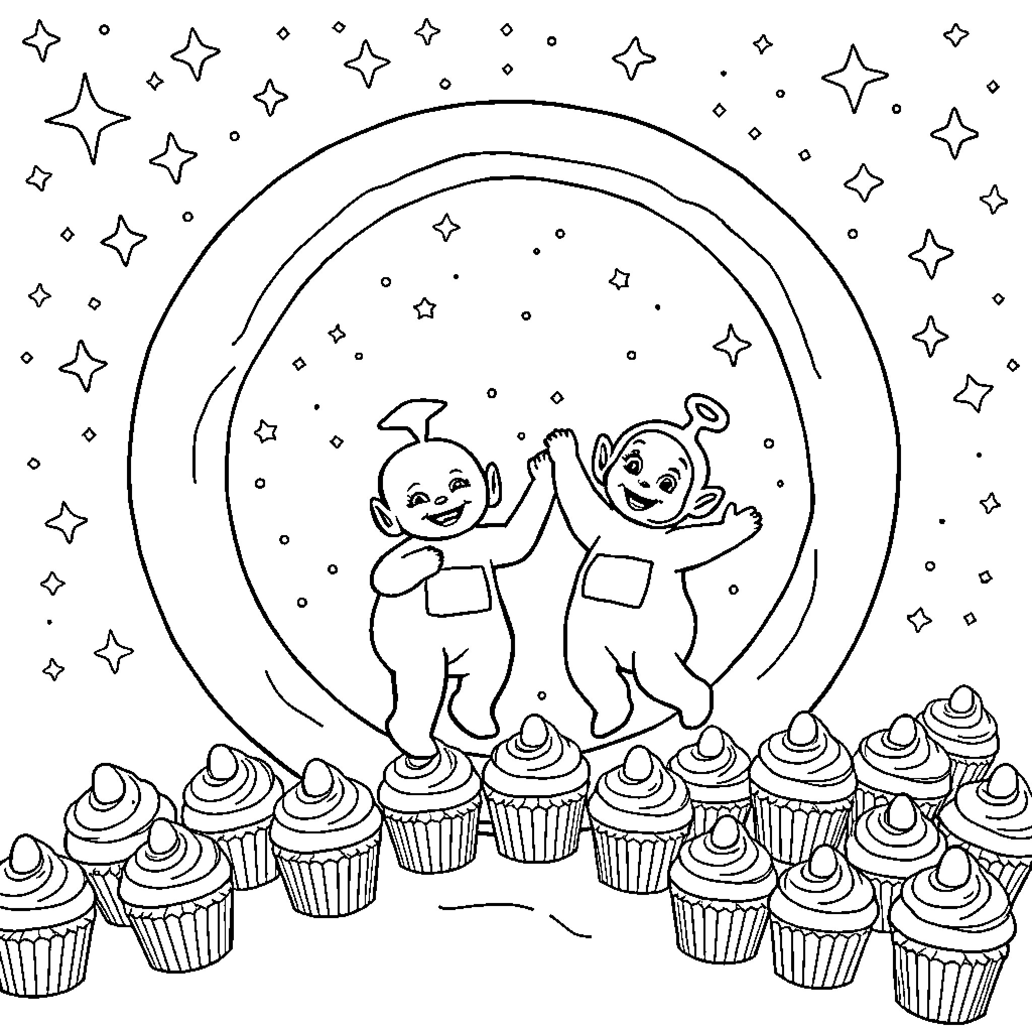 Teletubbies celebrate with cupcakes under the starry sky Coloring Page (free black-and-white line drawing printable PDF for all, from beginners to advanced learners, including children, teens, adults, and seniors)