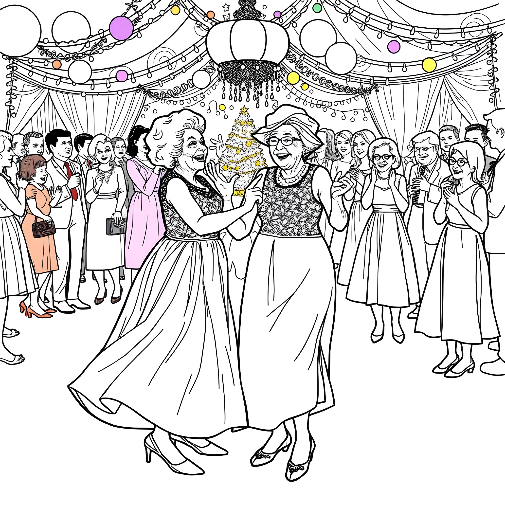 Grandma's Joyful Birthday Celebration Coloring Page (free black-and-white line drawing printable PDF for all, from beginners to advanced learners, including children, teens, adults, and seniors)