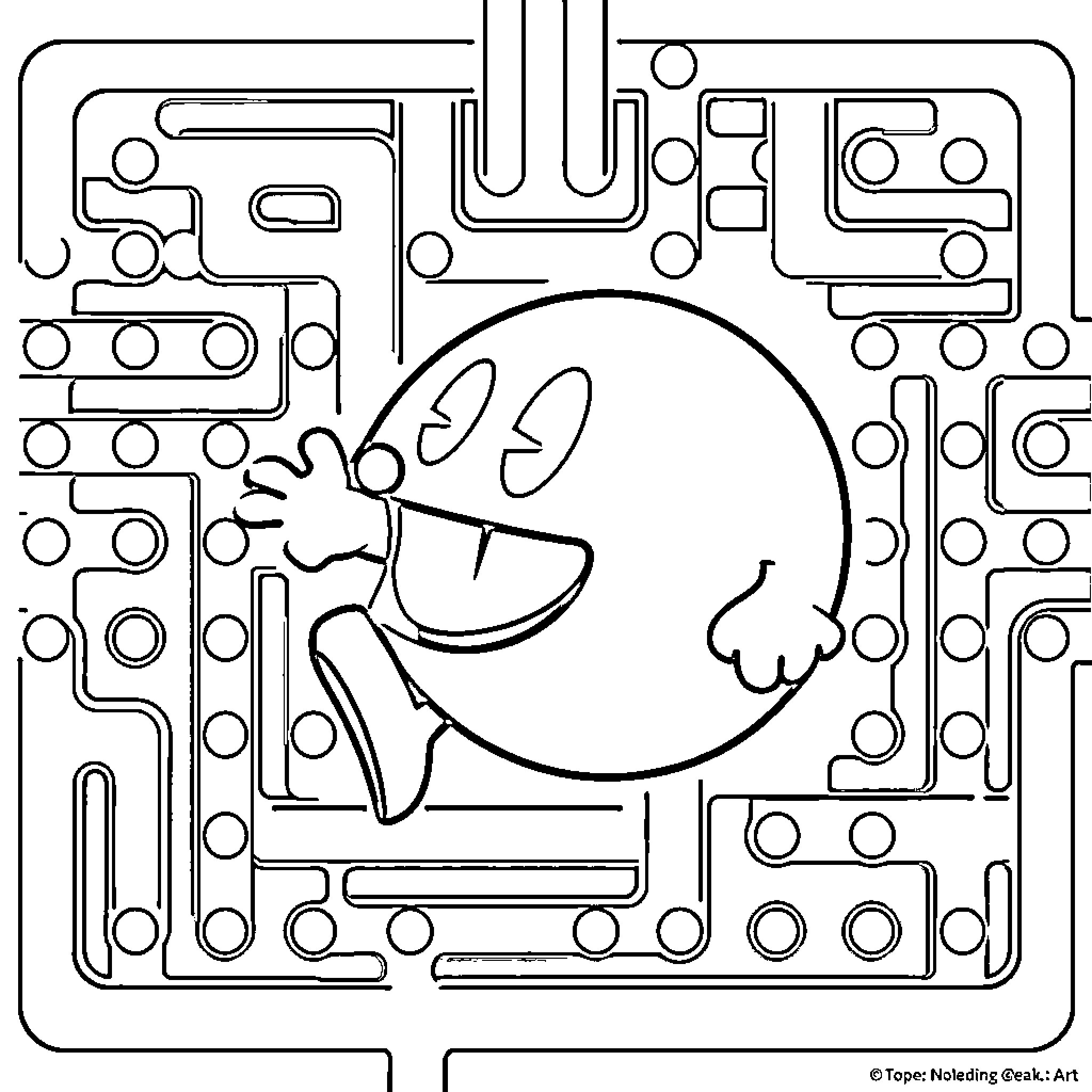 Pacman exploring abstract maze of shapes Coloring Page (free black-and-white line drawing printable PDF for all, from beginners to advanced learners, including children, teens, adults, and seniors)
