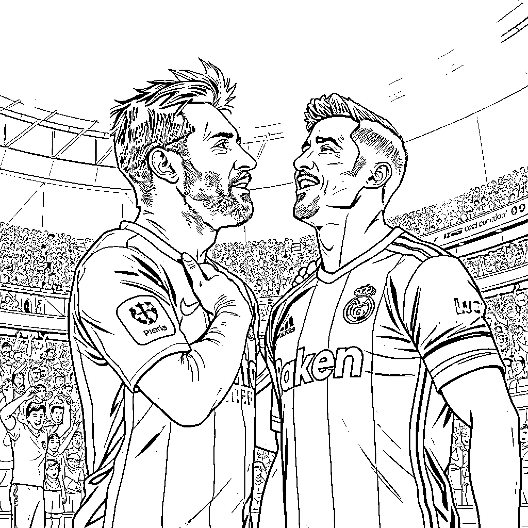 Messi and Ronaldo's Friendly Matchup on the Field Coloring Page (free black-and-white line drawing printable PDF for all, from beginners to advanced learners, including children, teens, adults, and seniors)