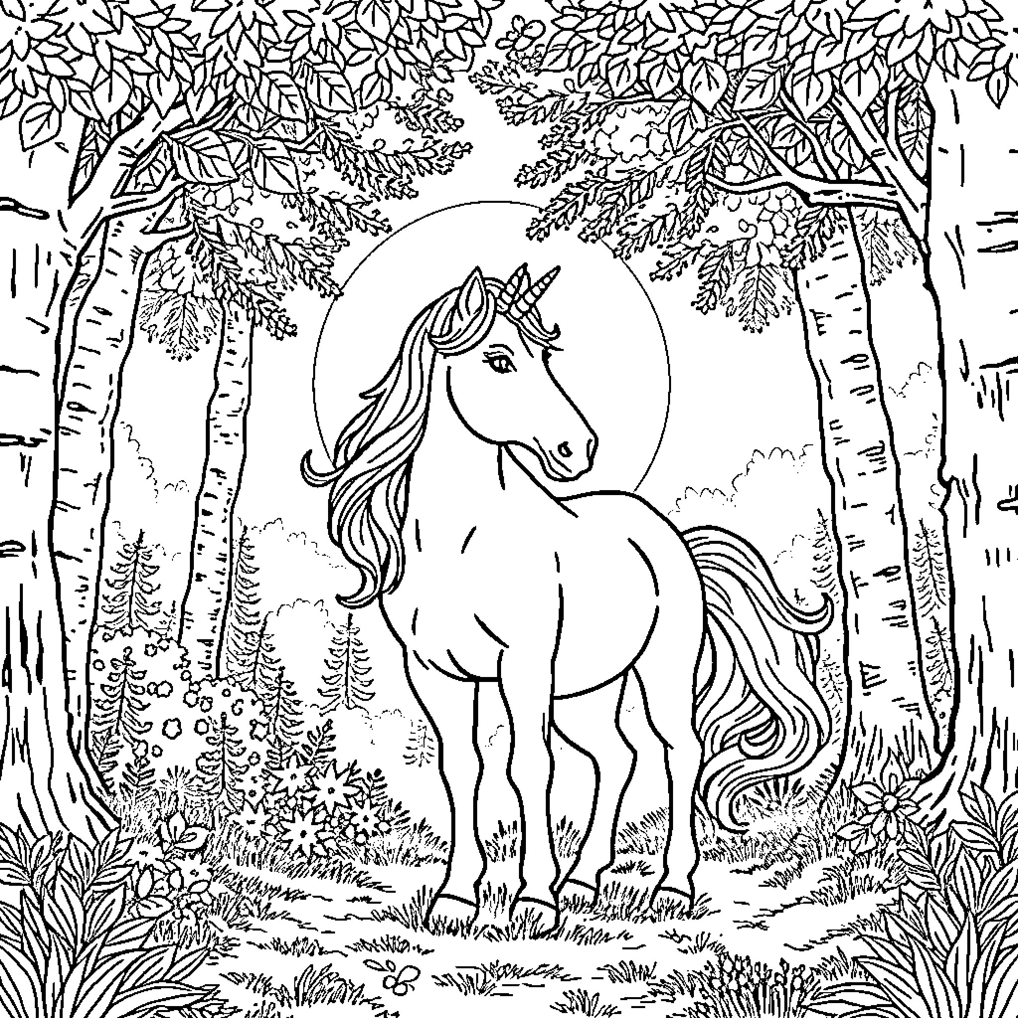 Unicorn standing gracefully in enchanting forest Coloring Page (free black-and-white line drawing printable PDF for all, from beginners to advanced learners, including children, teens, adults, and seniors)