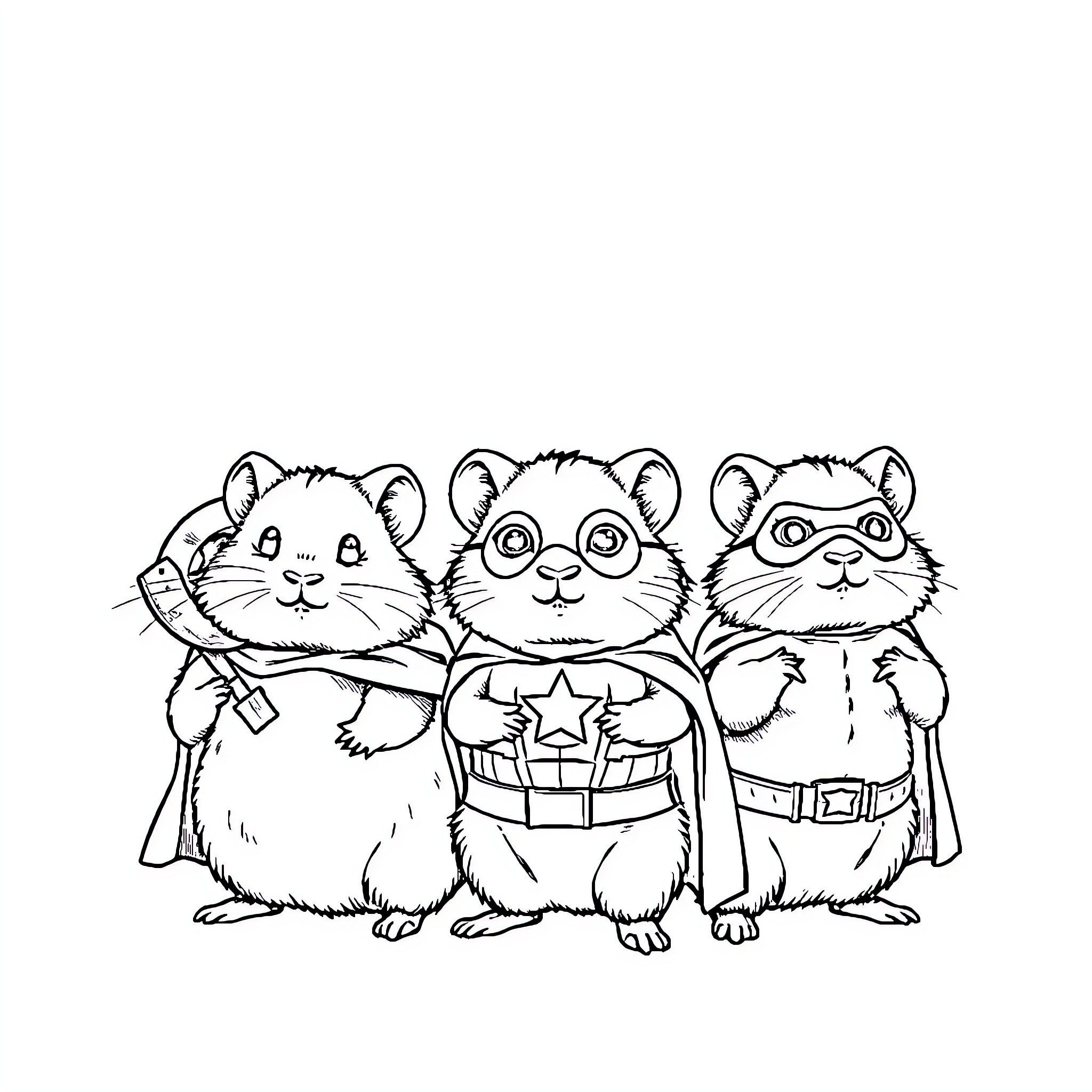 Hamsters in Superhero Costumes Coloring Page (free black-and-white line drawing printable PDF for all, from beginners to advanced learners, including children, teens, adults, and seniors)