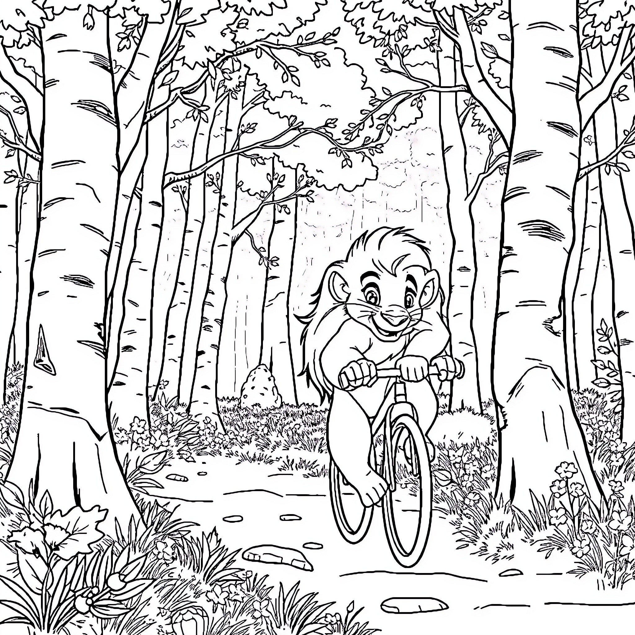 Simba's Joyful Bike Ride through the Enchanted Forest Coloring Page (free black-and-white line drawing printable PDF for all, from beginners to advanced learners, including children, teens, adults, and seniors)