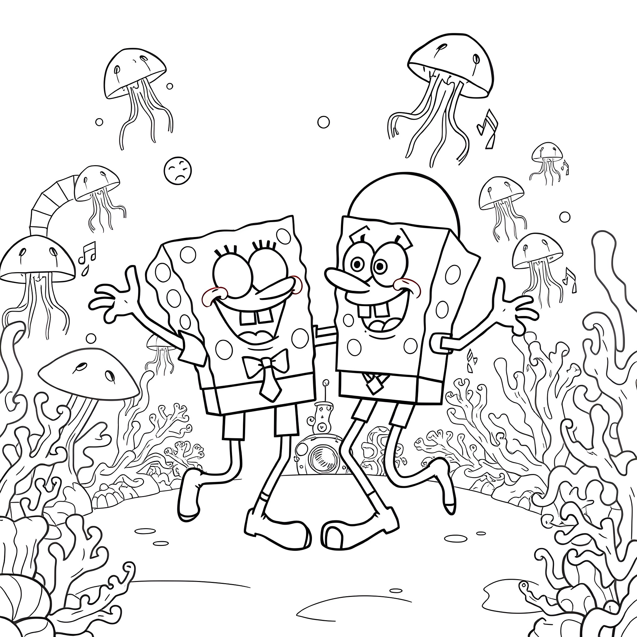 Spongebob and friends exploring the underwater world Coloring Page (free black-and-white line drawing printable PDF for all, from beginners to advanced learners, including children, teens, adults, and seniors)