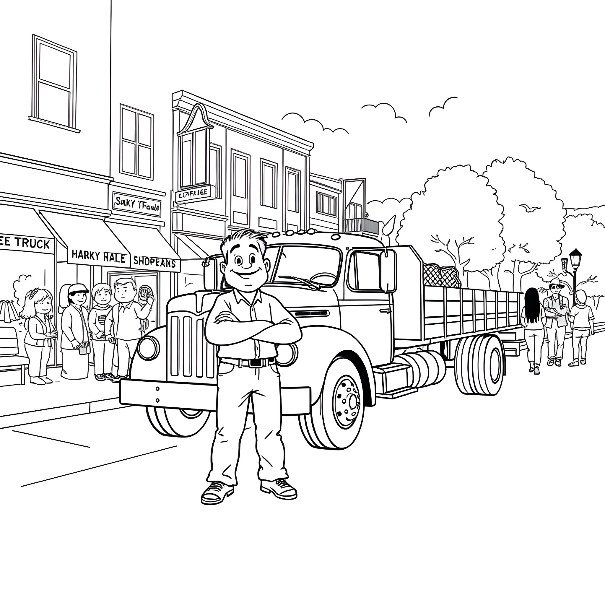 Hank the Hardworking Truck Driver in the City Coloring Page (free black-and-white line drawing printable PDF for all, from beginners to advanced learners, including children, teens, adults, and seniors)