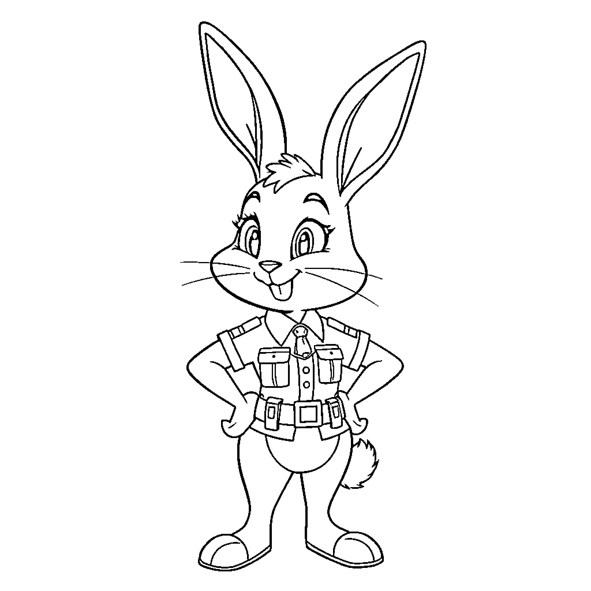 Judy Hopps smiling and posing in uniform Coloring Page (free black-and-white line drawing printable PDF for all, from beginners to advanced learners, including children, teens, adults, and seniors)
