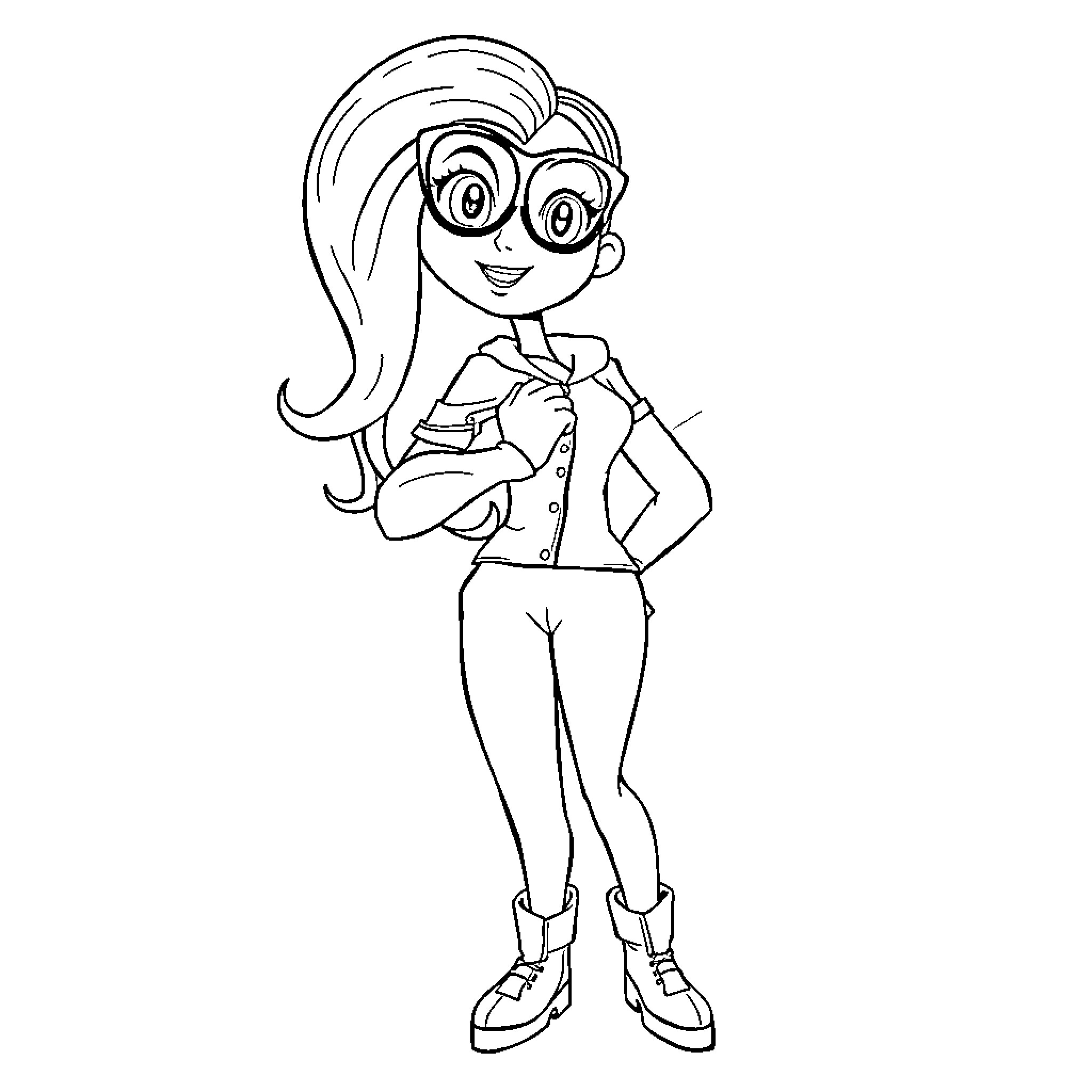 Kim Possible in school outfit with glasses Coloring Page (free black-and-white line drawing printable PDF for all, from beginners to advanced learners, including children, teens, adults, and seniors)