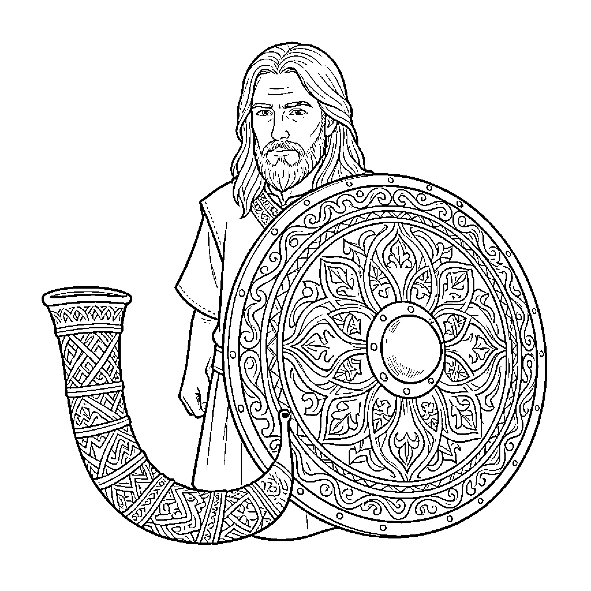 Boromir holding a large shield and a horn Coloring Page (free black-and-white line drawing printable PDF for all, from beginners to advanced learners, including children, teens, adults, and seniors)