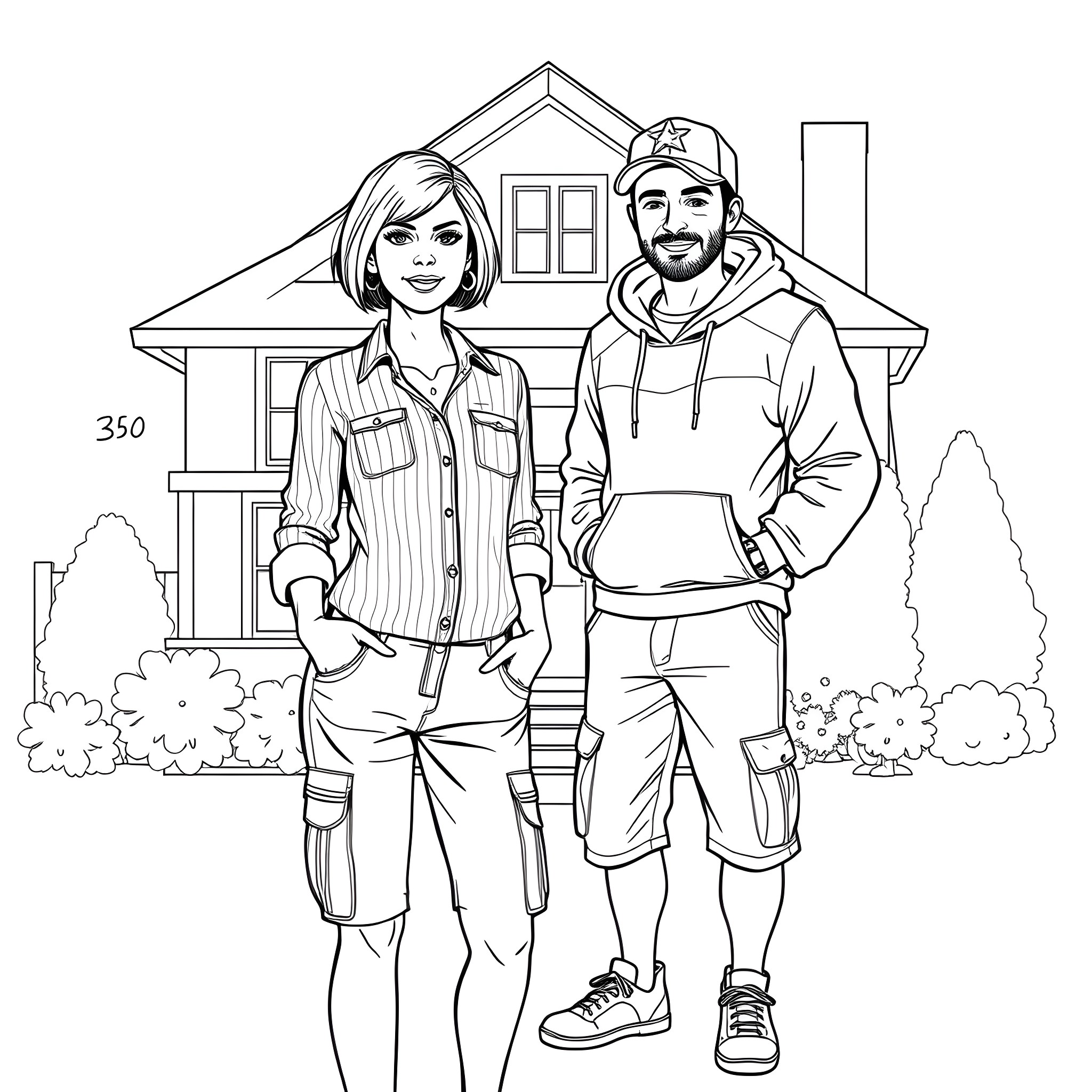Woman and man standing in front of a house Coloring Page (free black-and-white line drawing printable PDF for all, from beginners to advanced learners, including children, teens, adults, and seniors)