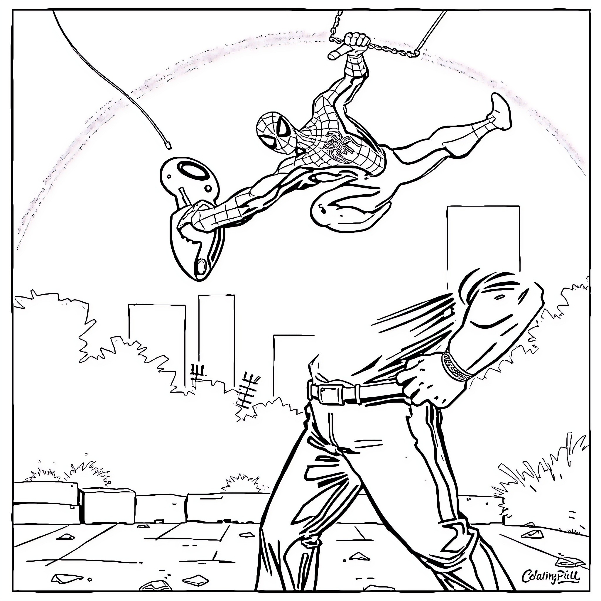 Hank Hill versus Spider-Man in an aerial battle Coloring Page (free black-and-white line drawing printable PDF for all, from beginners to advanced learners, including children, teens, adults, and seniors)