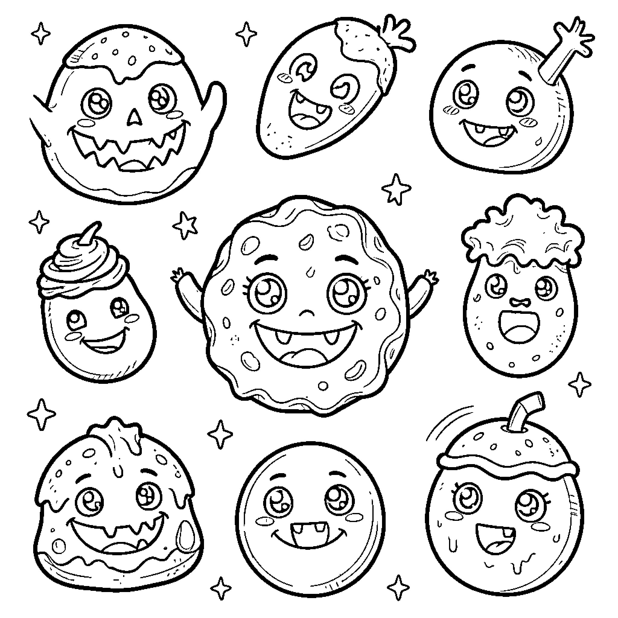 Kawaii Food characters smiling with cute facial expressions Coloring Page (free black-and-white line drawing printable PDF for all, from beginners to advanced learners, including children, teens, adults, and seniors)