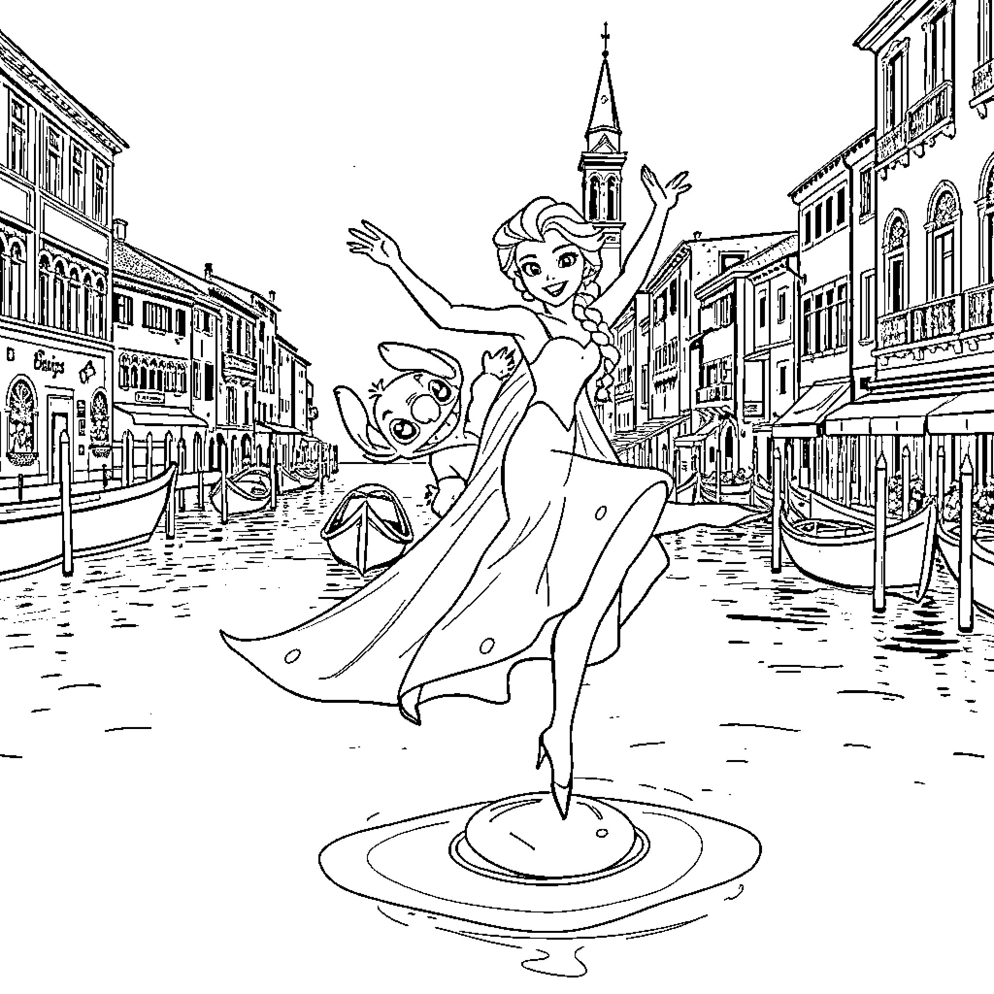 Elsa joyfully dancing in a Venetian canal scene Coloring Page (free black-and-white line drawing printable PDF for all, from beginners to advanced learners, including children, teens, adults, and seniors)