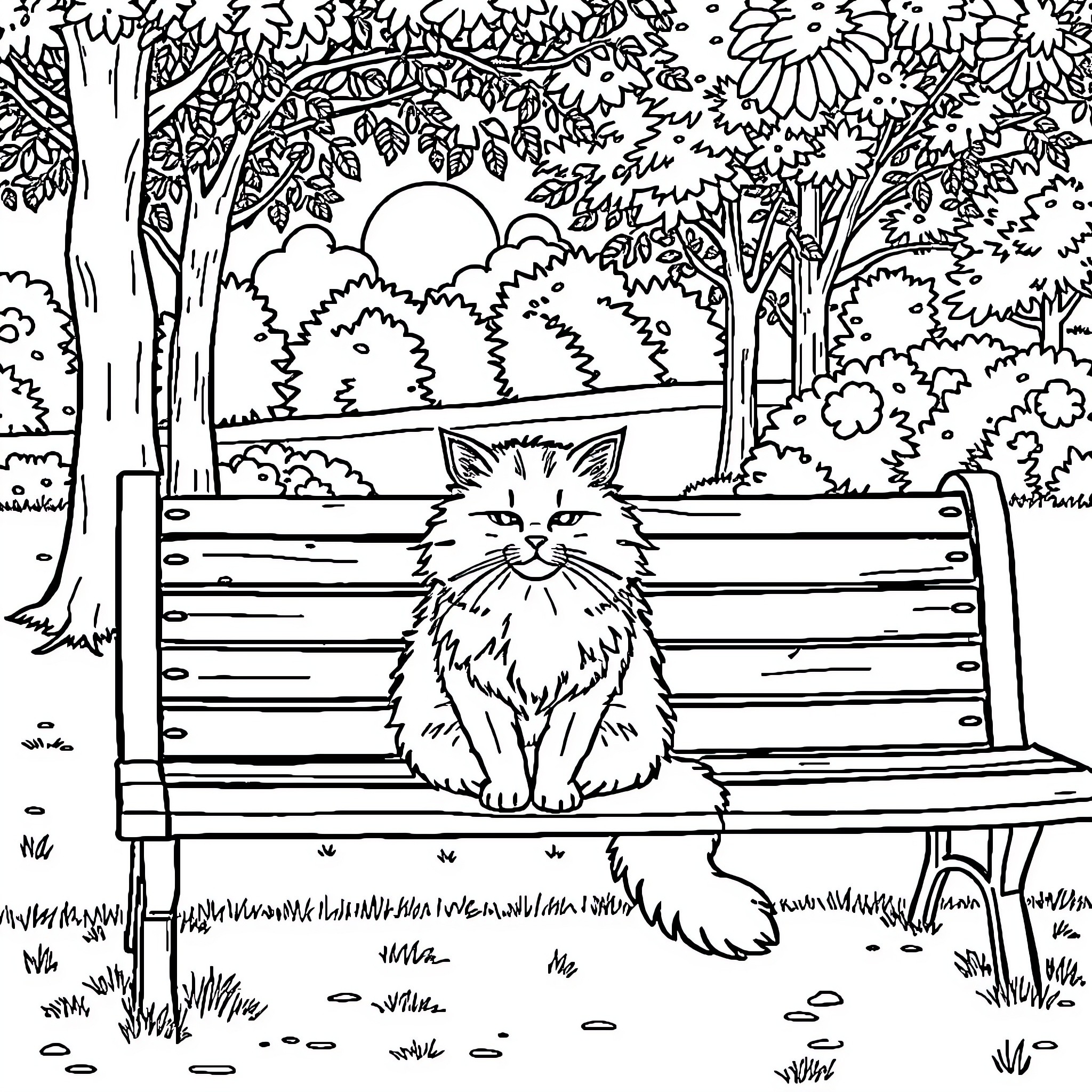 Cat sitting on a bench in a park Coloring Page (free black-and-white line drawing printable PDF for all, from beginners to advanced learners, including children, teens, adults, and seniors)