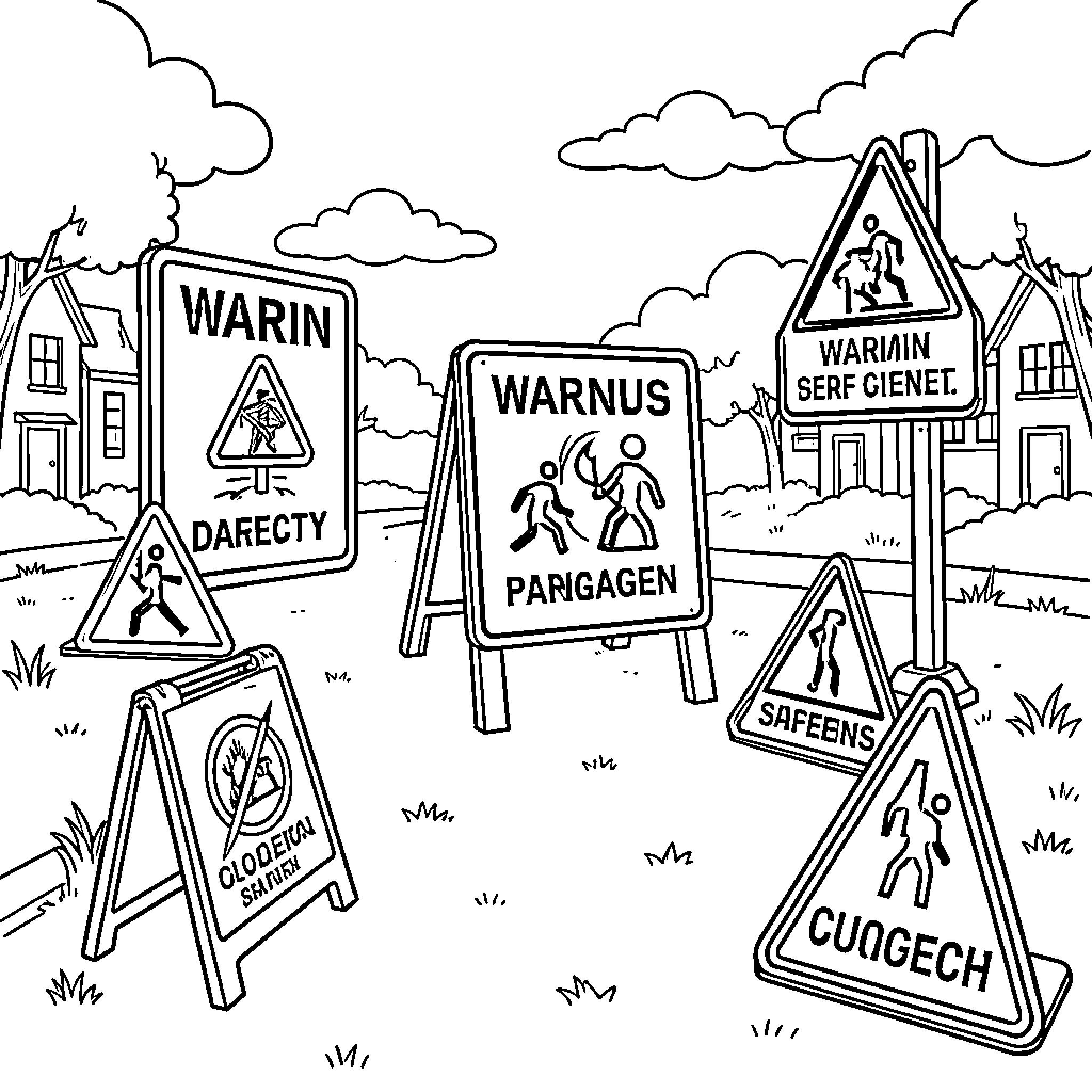 Safety Sign collection depicting various character warning scenes Coloring Page (free black-and-white line drawing printable PDF for all, from beginners to advanced learners, including children, teens, adults, and seniors)
