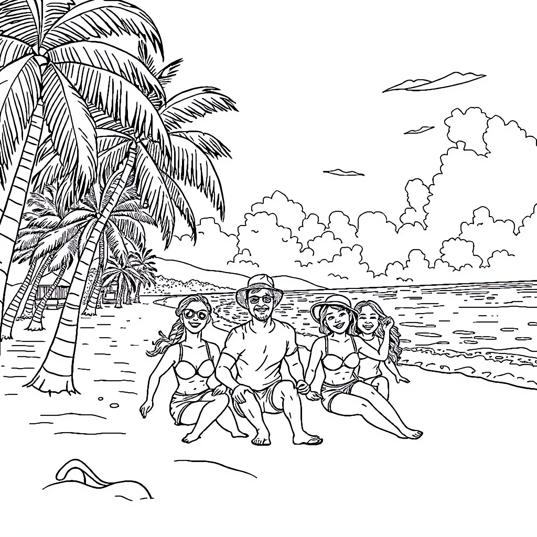 Family enjoying a day at the beach Coloring Page (free black-and-white line drawing printable PDF for all, from beginners to advanced learners, including children, teens, adults, and seniors)