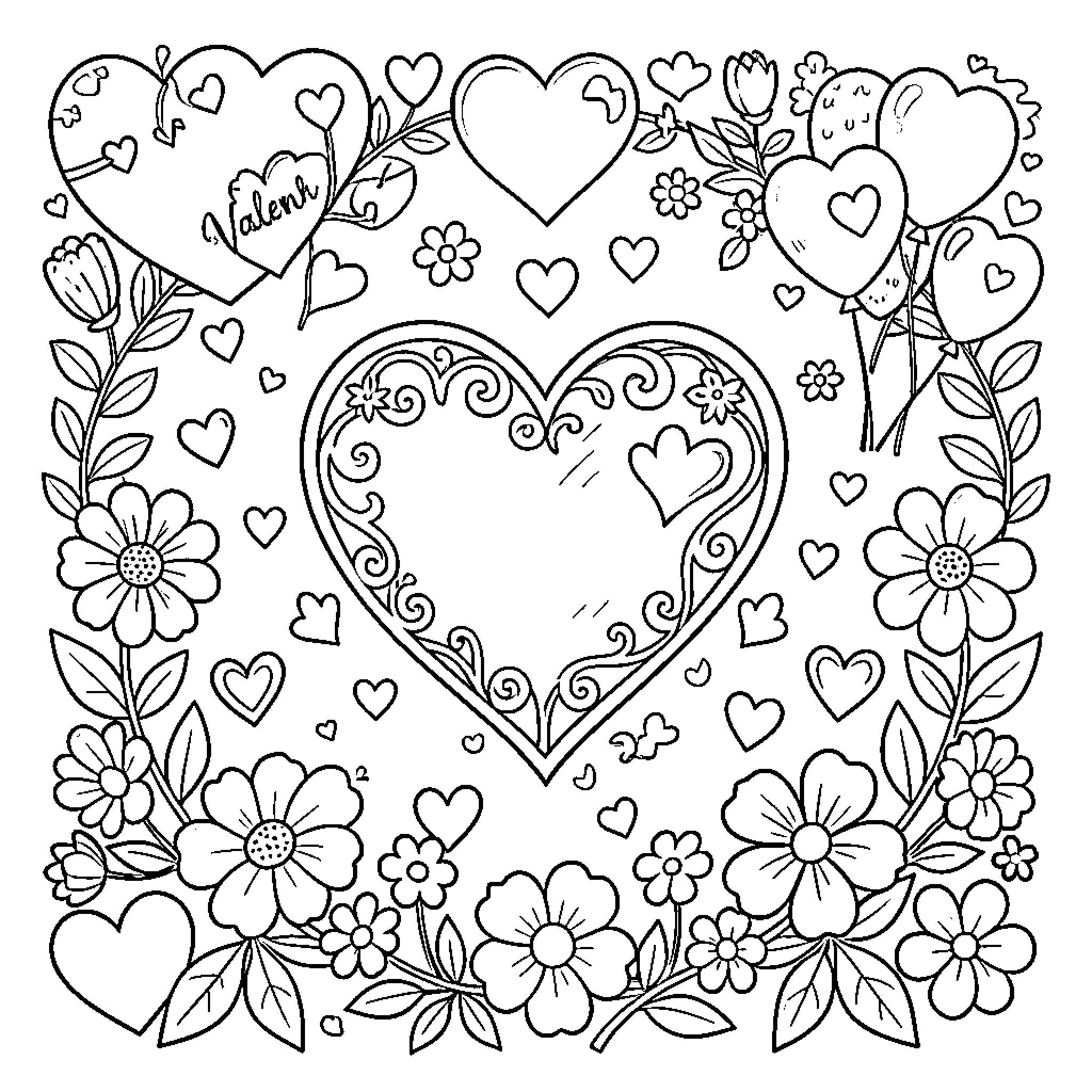 Valentine's Day Floral and Heart Decorations Coloring Page (free black-and-white line drawing printable PDF for all, from beginners to advanced learners, including children, teens, adults, and seniors)