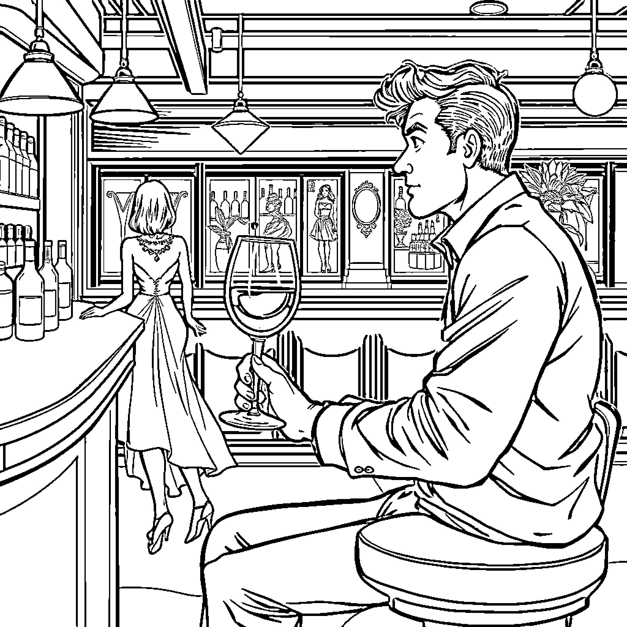 Man and Woman in Elegant Dining Setting Coloring Page (free black-and-white line drawing printable PDF for all, from beginners to advanced learners, including children, teens, adults, and seniors)