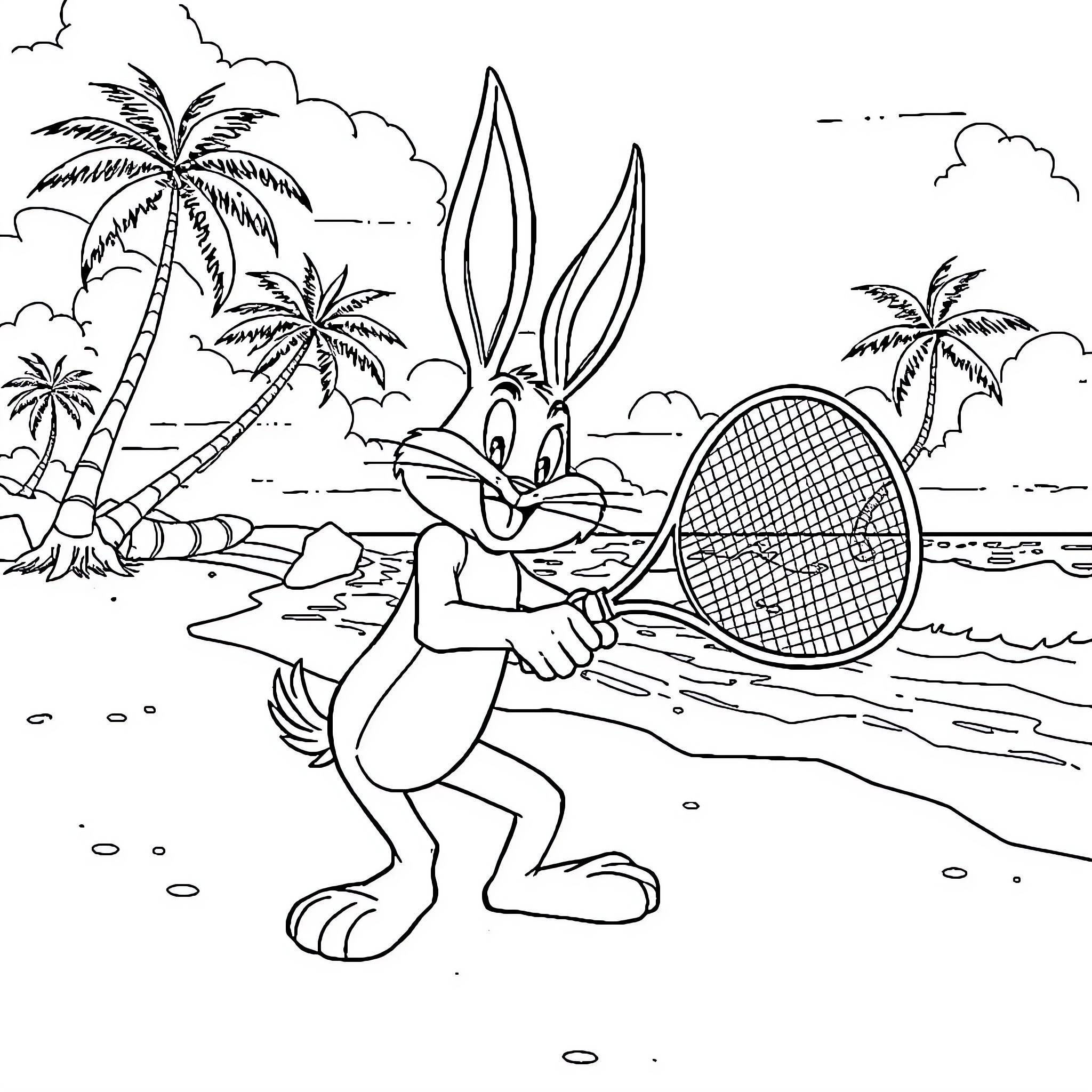 Bugs Bunny playing tennis on a tropical beach Coloring Page (free black-and-white line drawing printable PDF for all, from beginners to advanced learners, including children, teens, adults, and seniors)