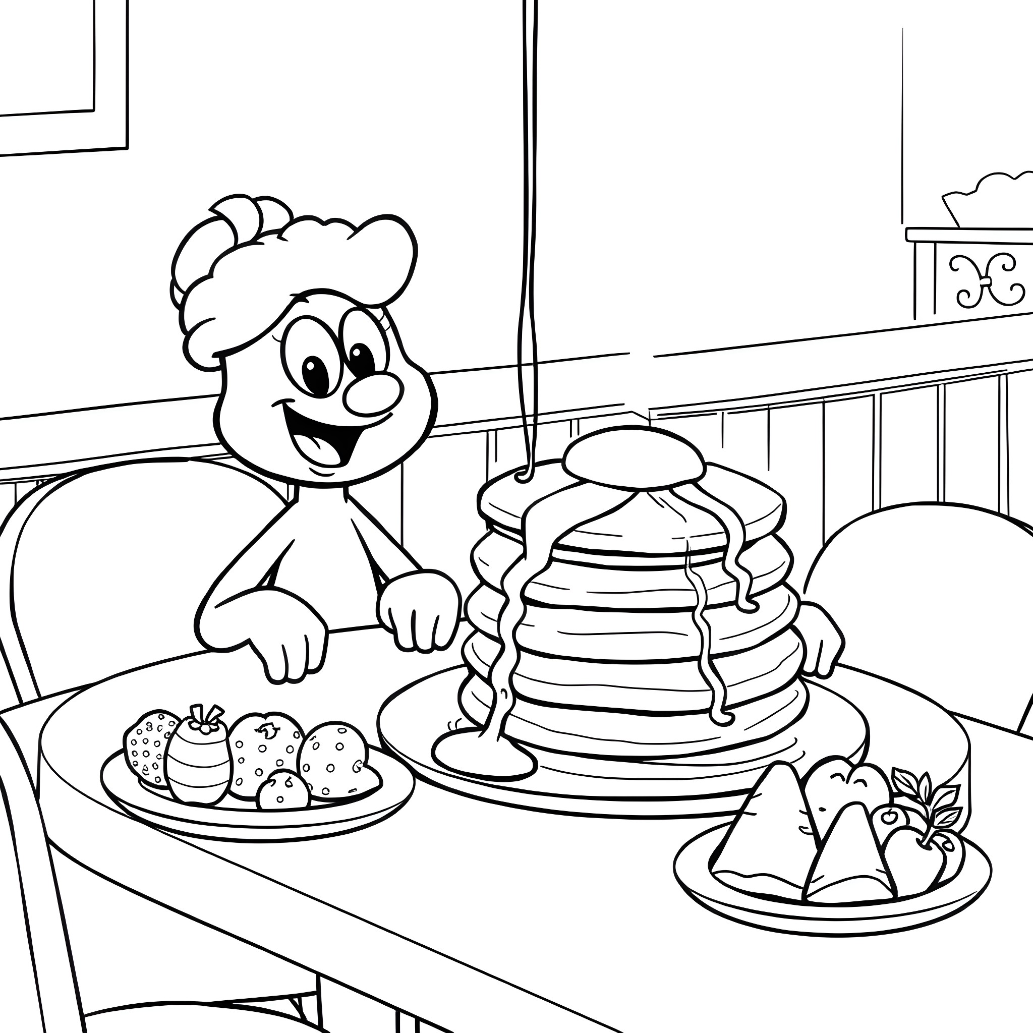 Bluey enjoys a delicious breakfast at home Coloring Page (free black-and-white line drawing printable PDF for all, from beginners to advanced learners, including children, teens, adults, and seniors)