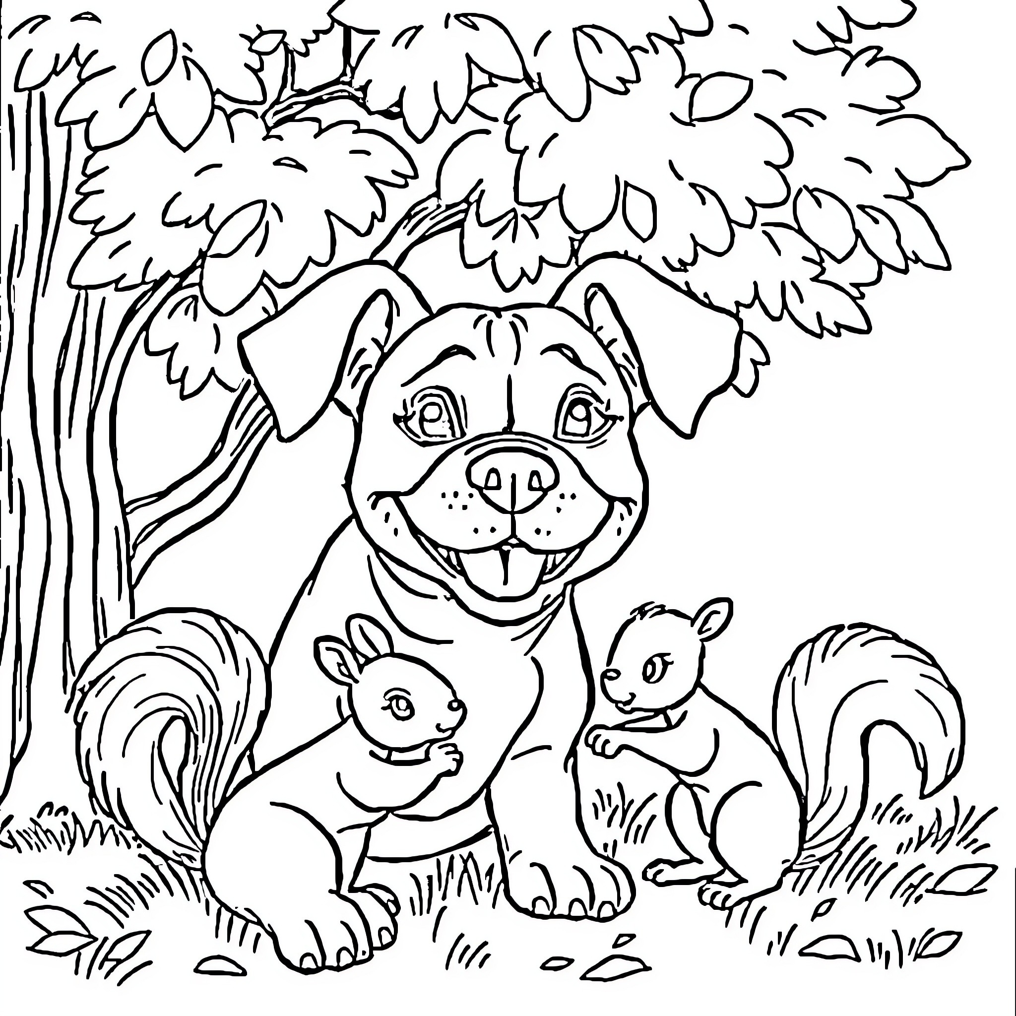 Pit Bull Playing with Friends in Forest Clearing Coloring Page (free black-and-white line drawing printable PDF for all, from beginners to advanced learners, including children, teens, adults, and seniors)