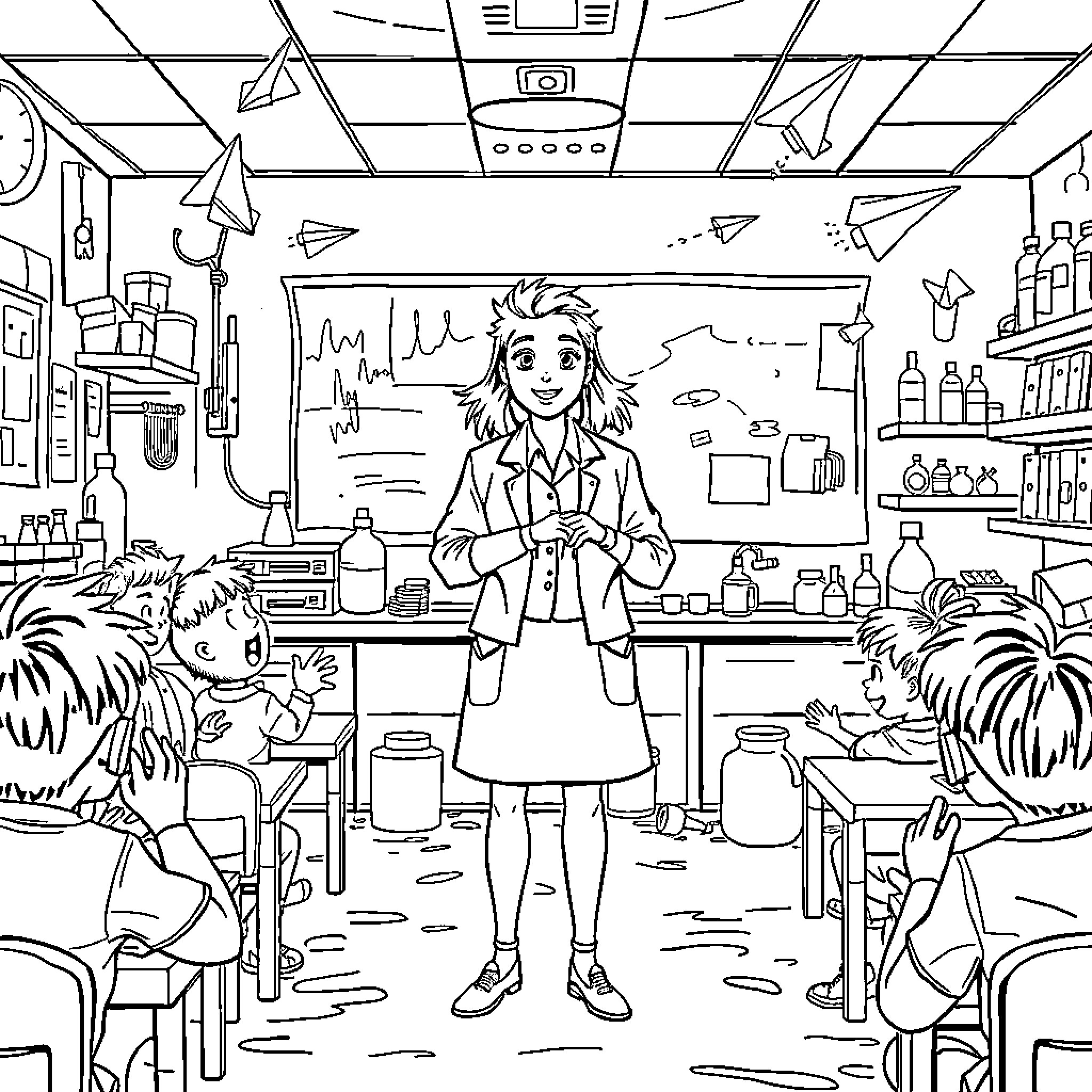Teacher instructs students in colorful classroom Coloring Page (free black-and-white line drawing printable PDF for all, from beginners to advanced learners, including children, teens, adults, and seniors)
