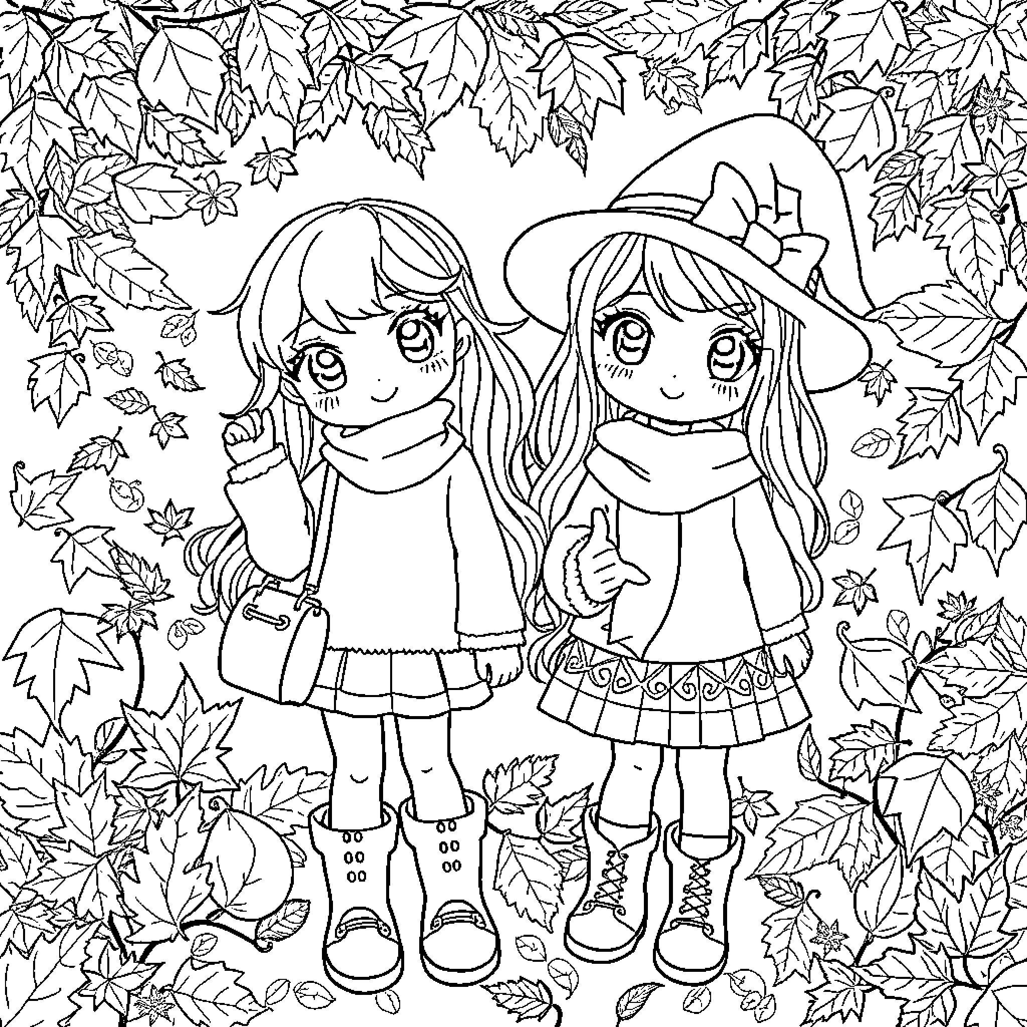 Millie's Autumn Adventure with a Friend Coloring Page (free black-and-white line drawing printable PDF for all, from beginners to advanced learners, including children, teens, adults, and seniors)