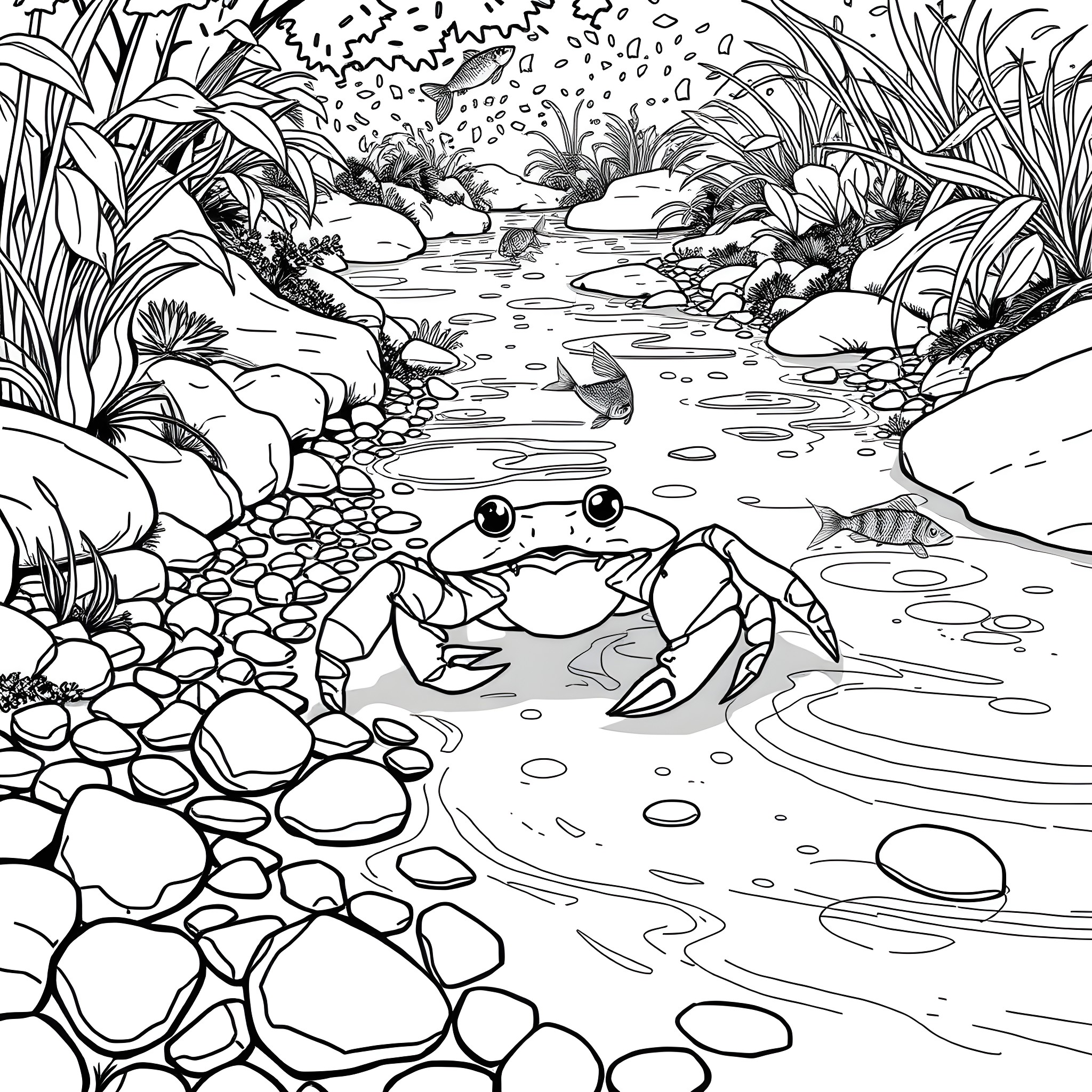 Crab exploring the tranquil stream surrounded by nature Coloring Page (free black-and-white line drawing printable PDF for all, from beginners to advanced learners, including children, teens, adults, and seniors)