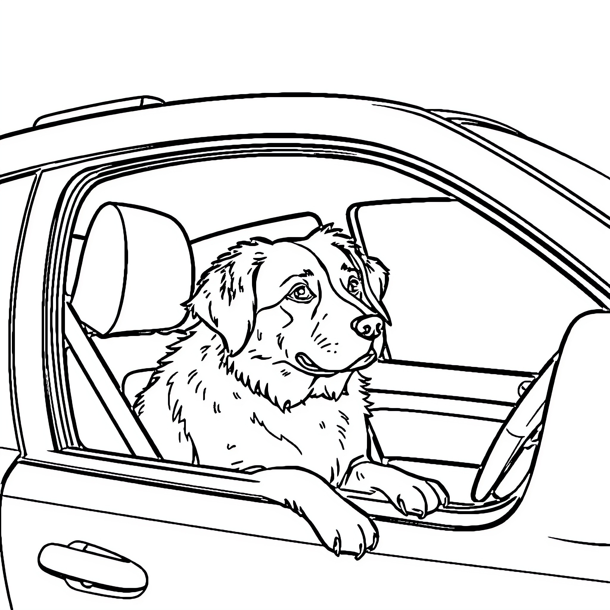 Dog Riding Happily in the Car Coloring Page (free black-and-white line drawing printable PDF for all, from beginners to advanced learners, including children, teens, adults, and seniors)