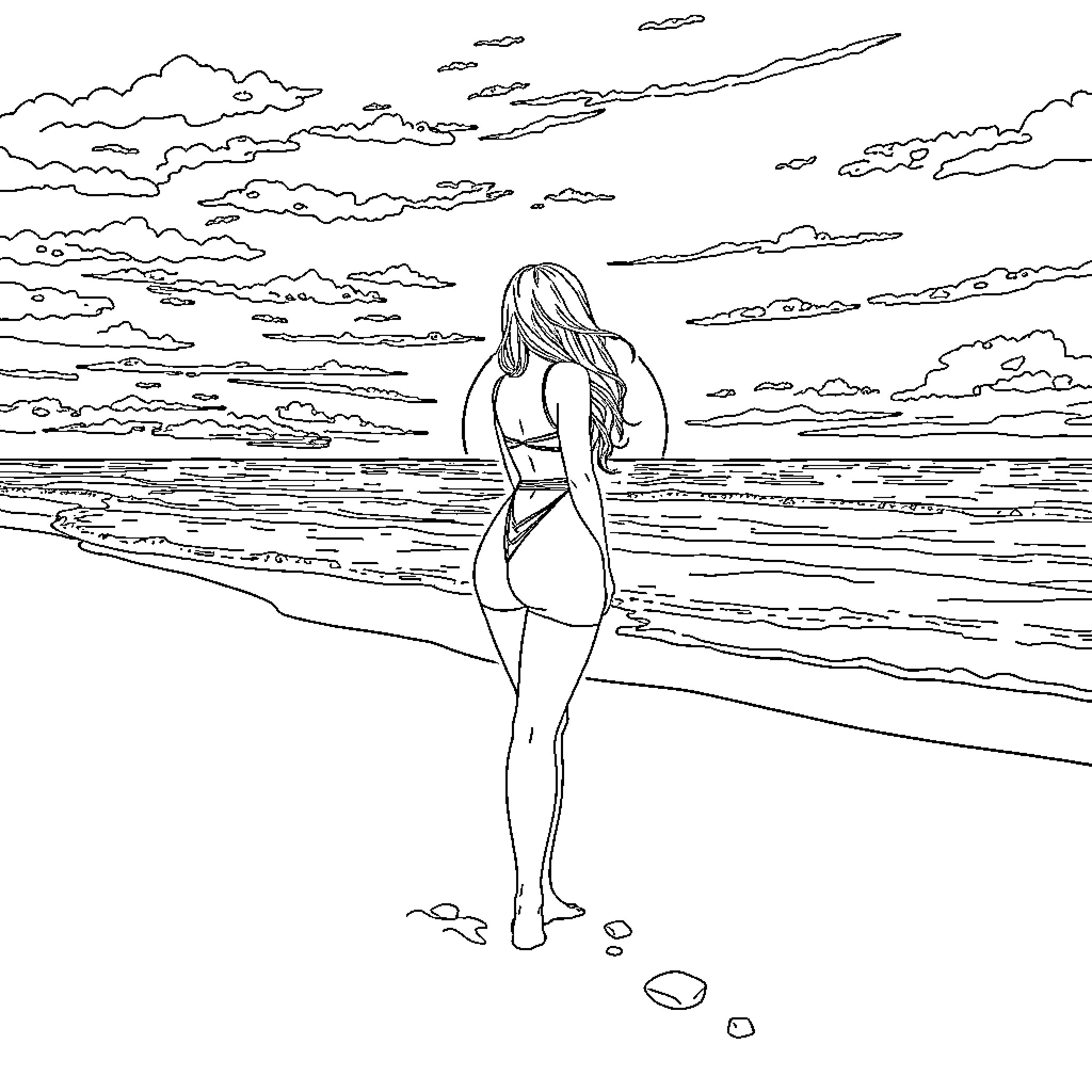 Lady walking along the beach at sunset Coloring Page (free black-and-white line drawing printable PDF for all, from beginners to advanced learners, including children, teens, adults, and seniors)