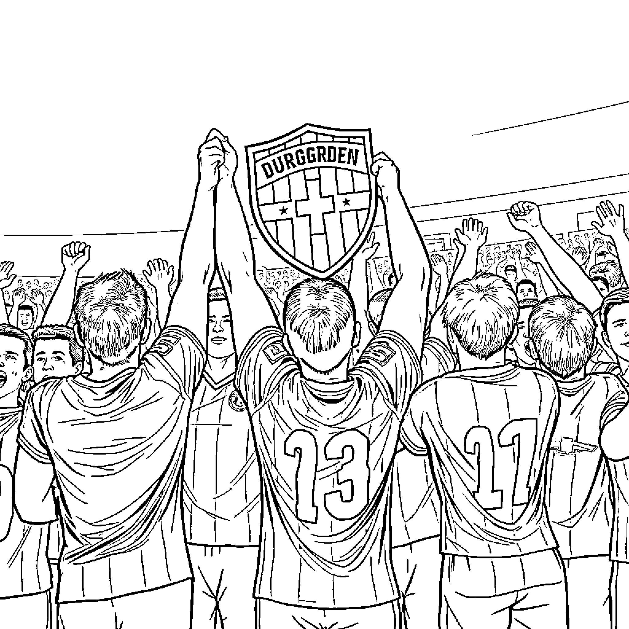 Soccer players celebrating with team crest Coloring Page (free black-and-white line drawing printable PDF for all, from beginners to advanced learners, including children, teens, adults, and seniors)