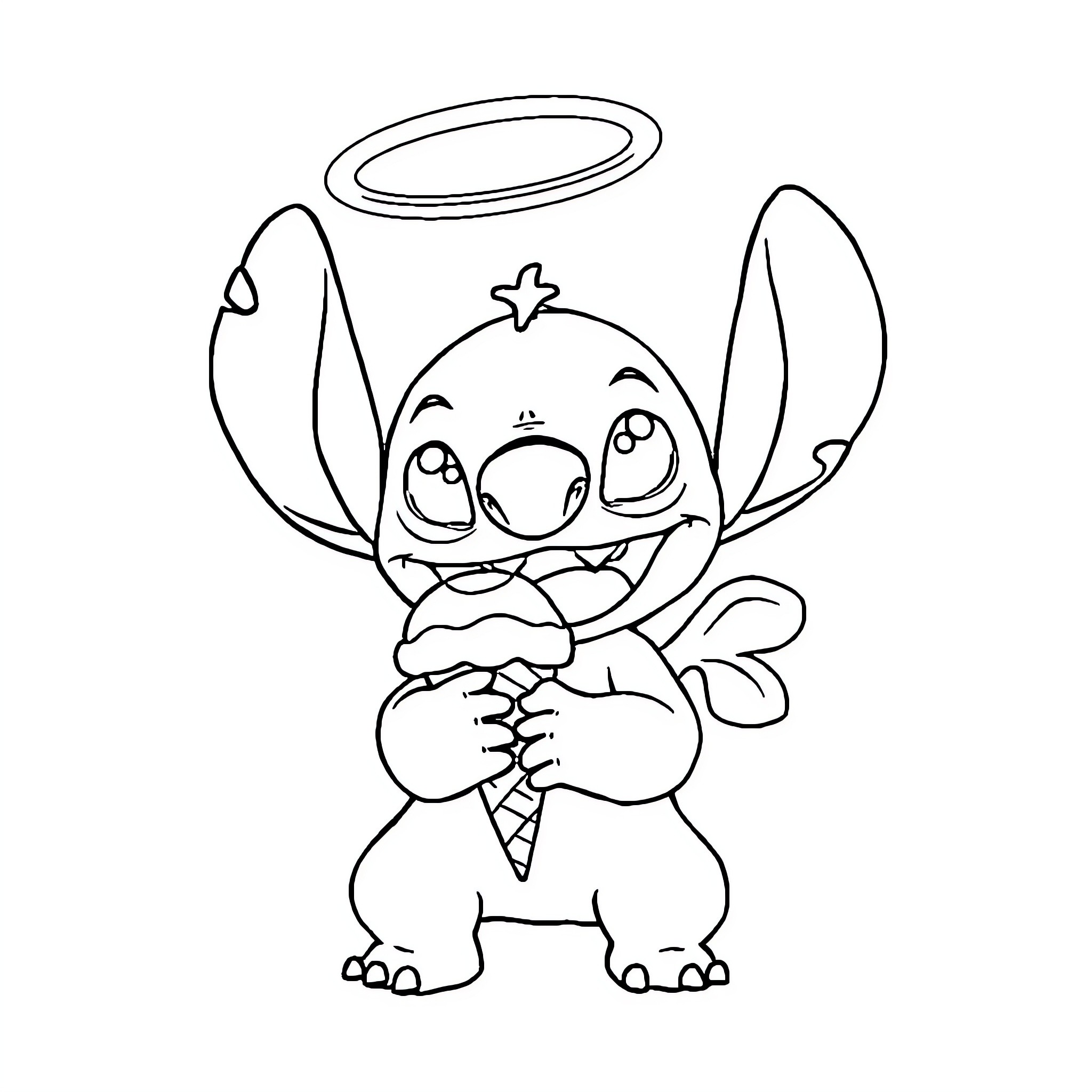 Angel Stitch hugging a stuffed animal Coloring Page (free black-and-white line drawing printable PDF for all, from beginners to advanced learners, including children, teens, adults, and seniors)