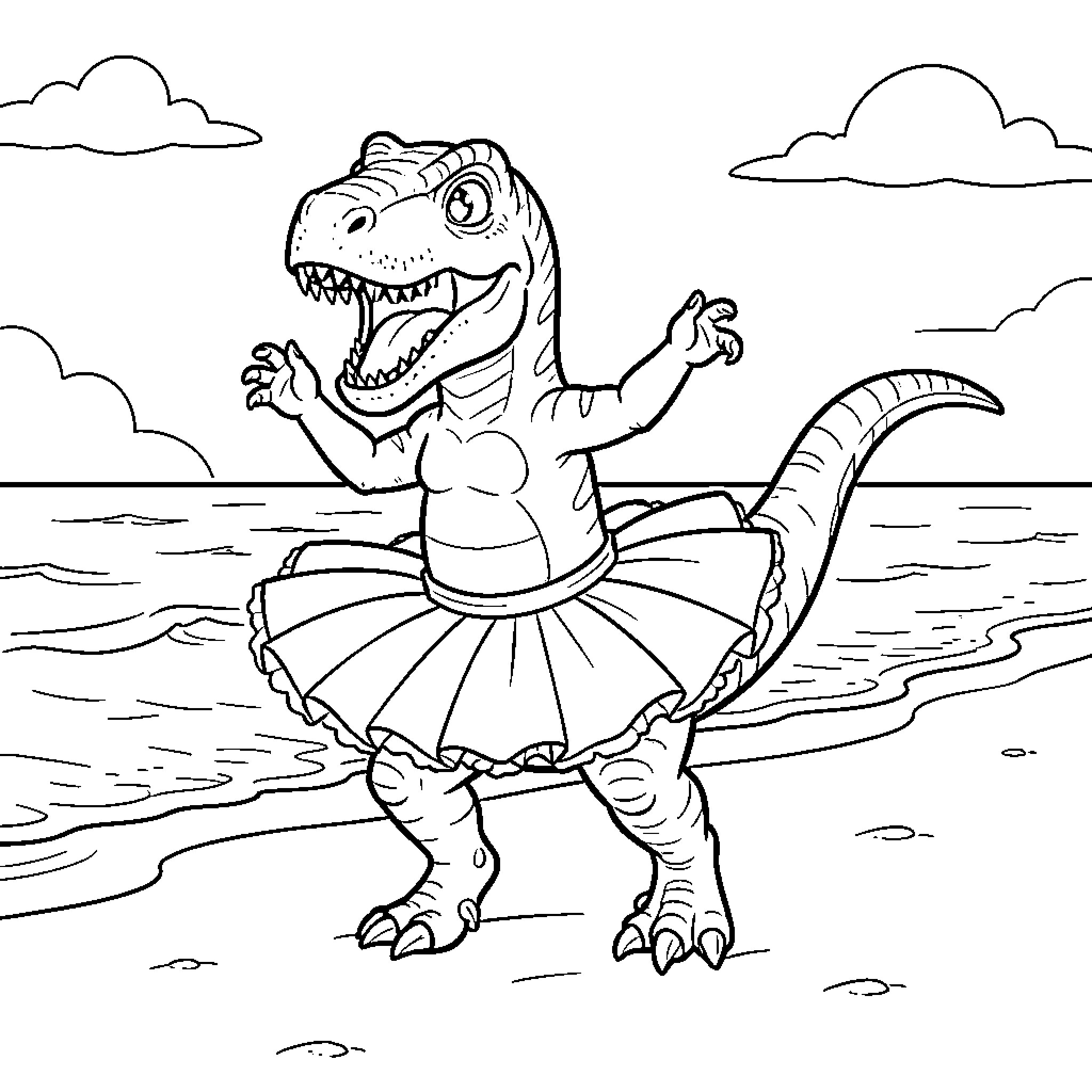 Tyrannosaurus dancing joyfully in a tutu on the beach Coloring Page (free black-and-white line drawing printable PDF for all, from beginners to advanced learners, including children, teens, adults, and seniors)