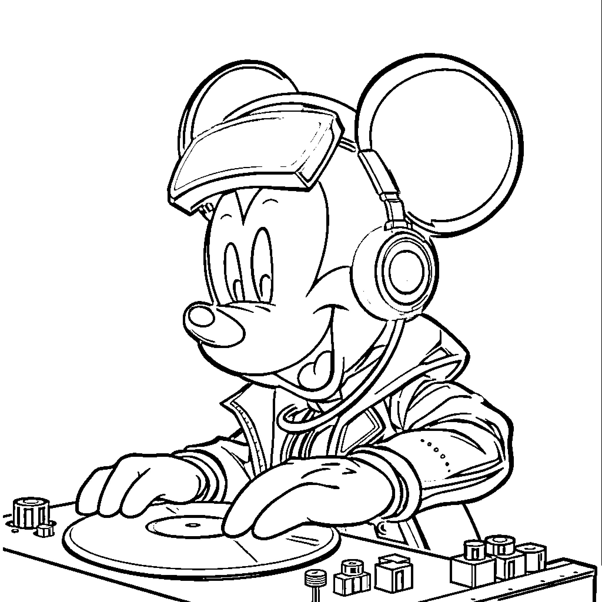 Mickey Mouse playing virtual reality game Coloring Page (free black-and-white line drawing printable PDF for all, from beginners to advanced learners, including children, teens, adults, and seniors)