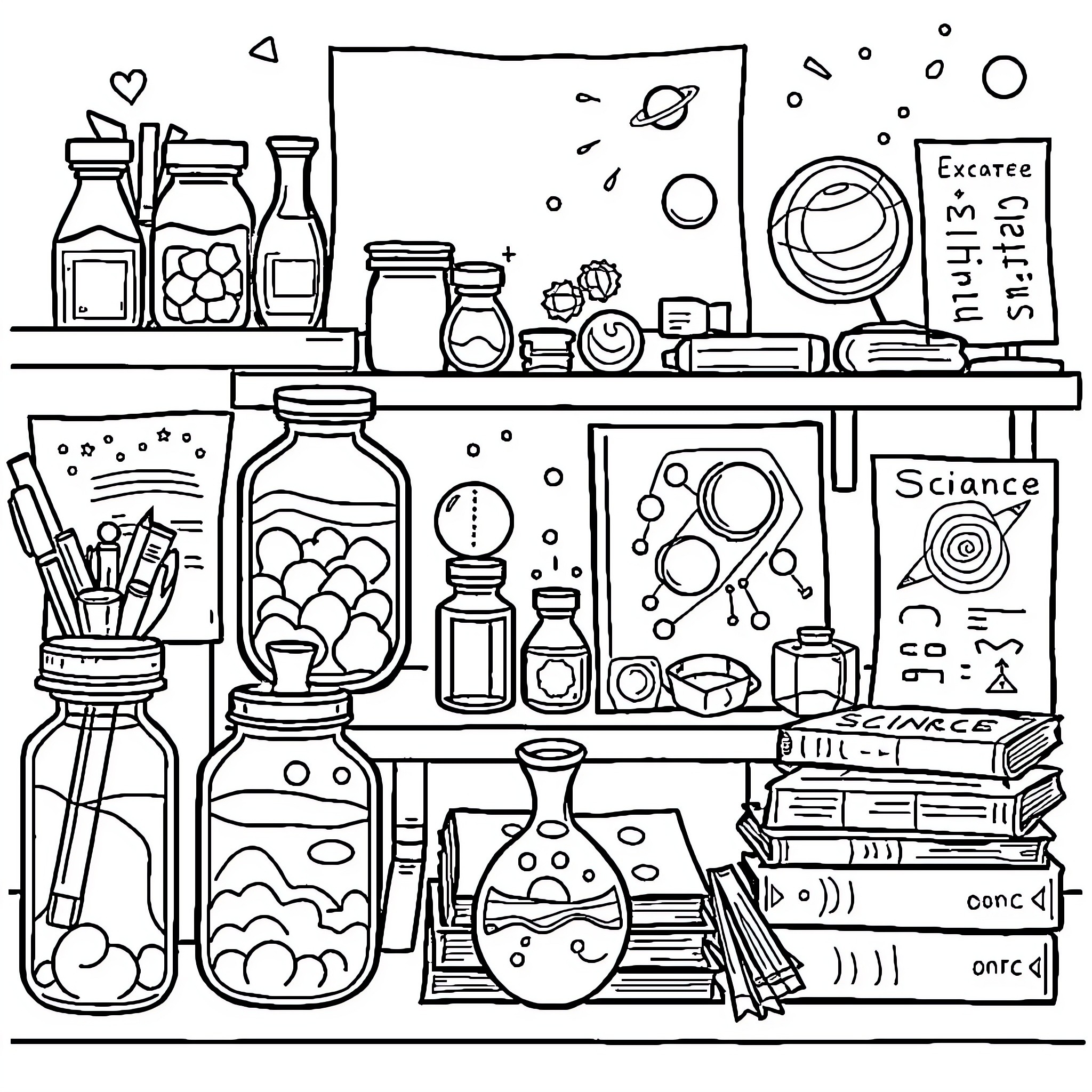 Science Lab with Various Scientific Instruments and Glassware Coloring Page (free black-and-white line drawing printable PDF for all, from beginners to advanced learners, including children, teens, adults, and seniors)