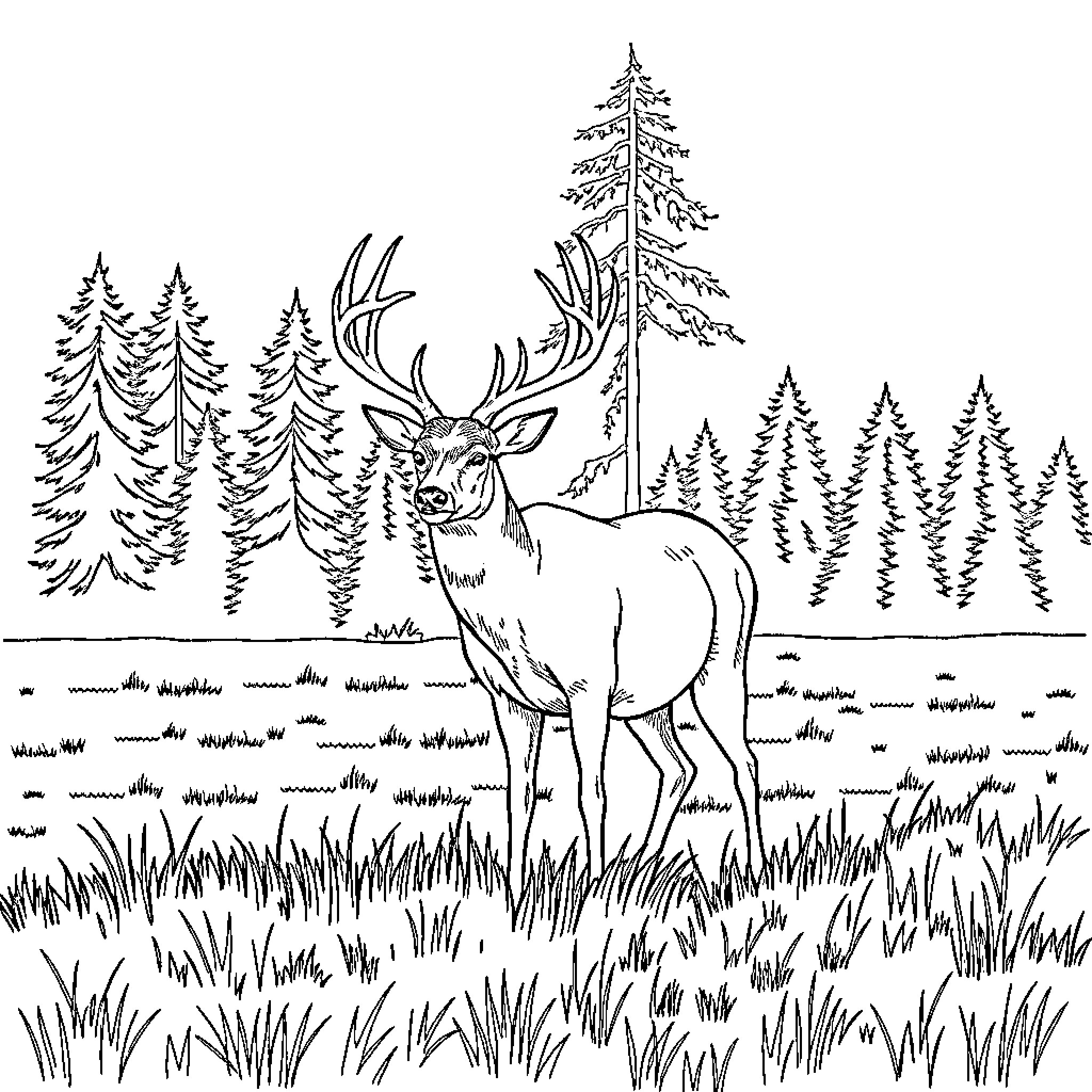 Buck in the Forested Wilderness Coloring Page (free black-and-white line drawing printable PDF for all, from beginners to advanced learners, including children, teens, adults, and seniors)