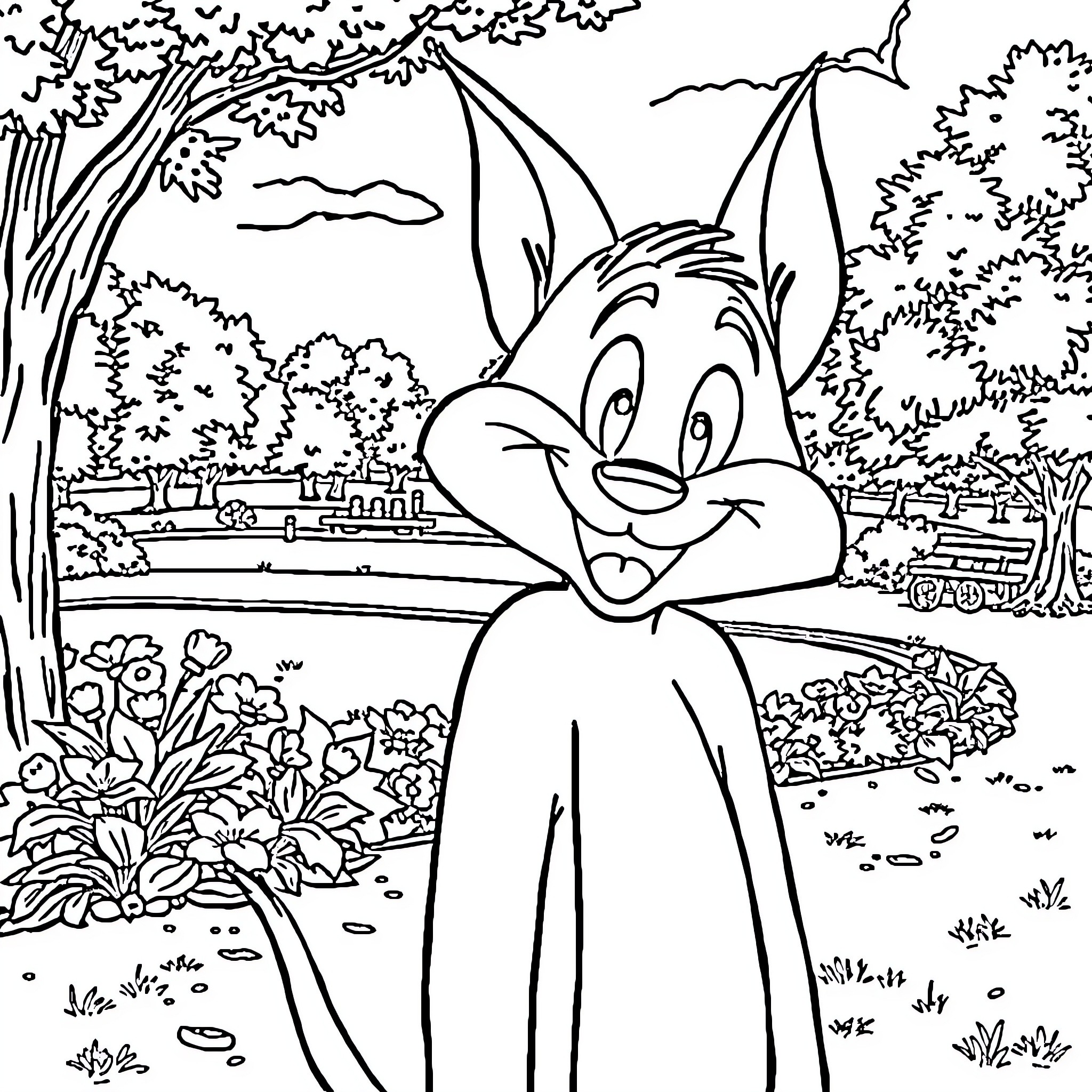 Tom enjoying the vibrant outdoor scene Coloring Page (free black-and-white line drawing printable PDF for all, from beginners to advanced learners, including children, teens, adults, and seniors)