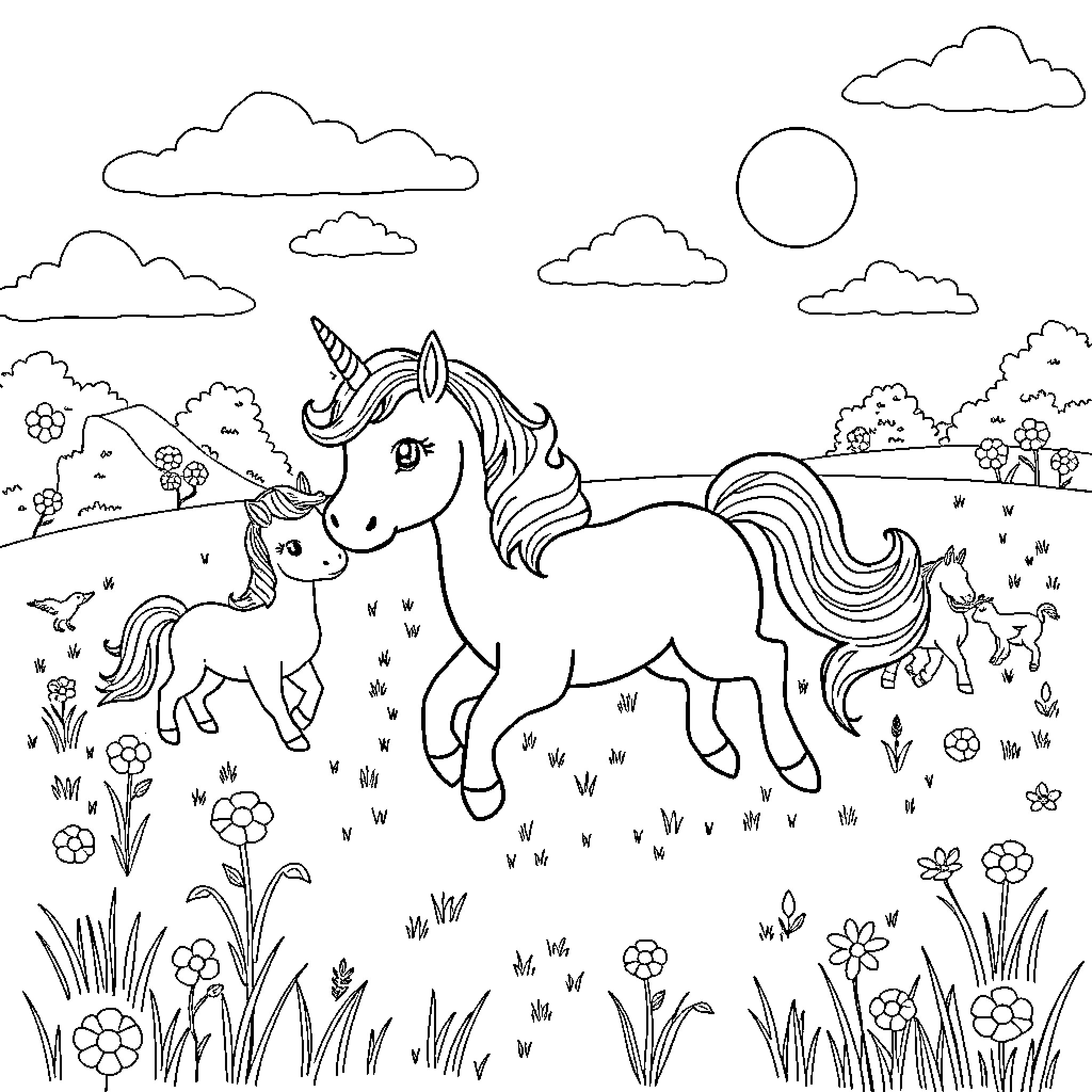 Unicorn frolicking in a magical field Coloring Page (free black-and-white line drawing printable PDF for all, from beginners to advanced learners, including children, teens, adults, and seniors)