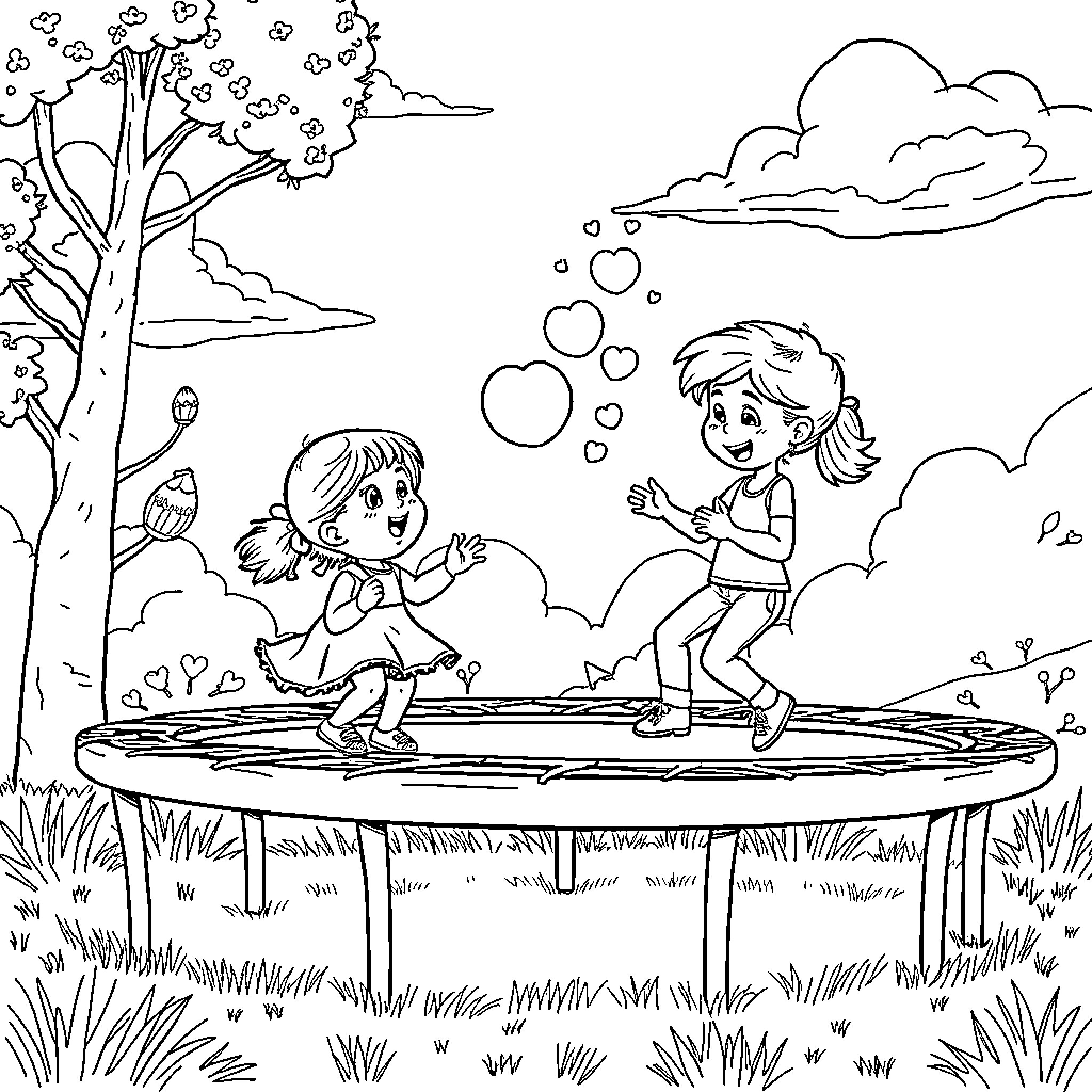 Gaby Enjoying Playful Outdoor Adventures with Friends Coloring Page (free black-and-white line drawing printable PDF for all, from beginners to advanced learners, including children, teens, adults, and seniors)