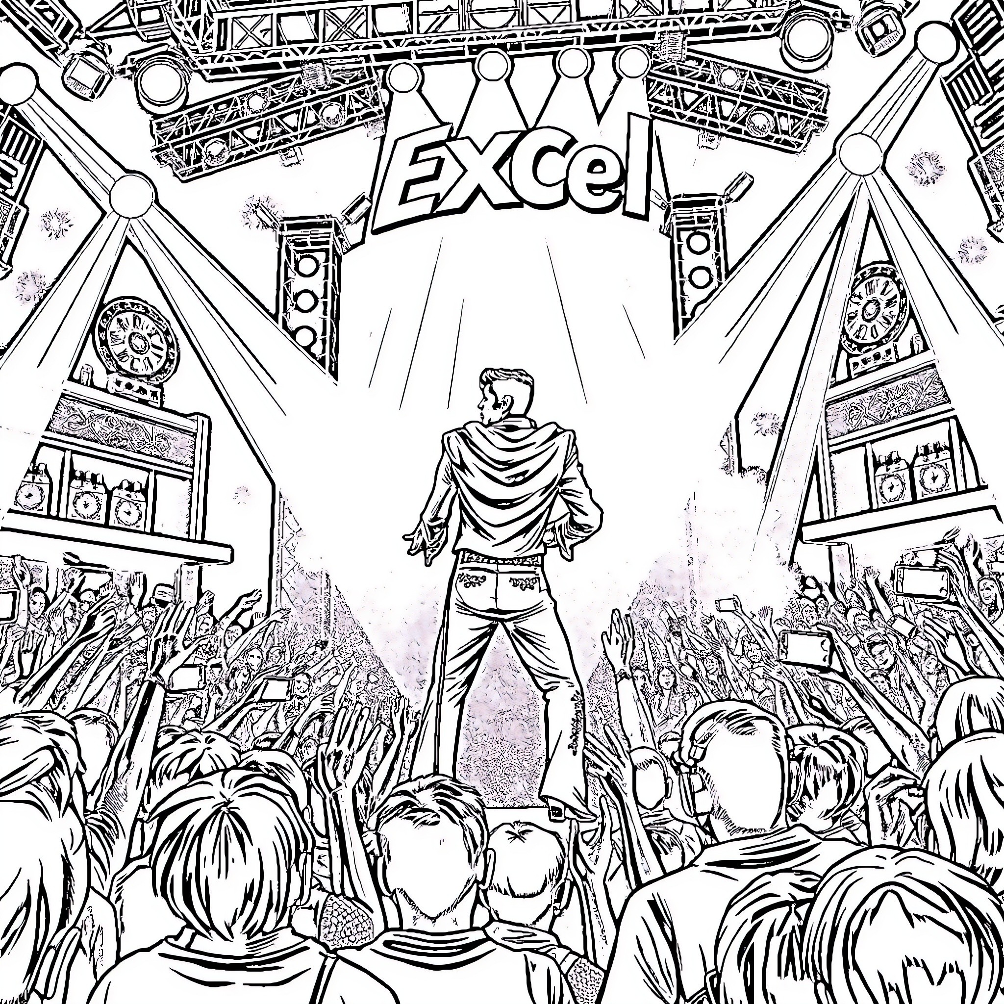 Elvis performing on a grand stage surrounded by adoring fans Coloring Page (free black-and-white line drawing printable PDF for all, from beginners to advanced learners, including children, teens, adults, and seniors)