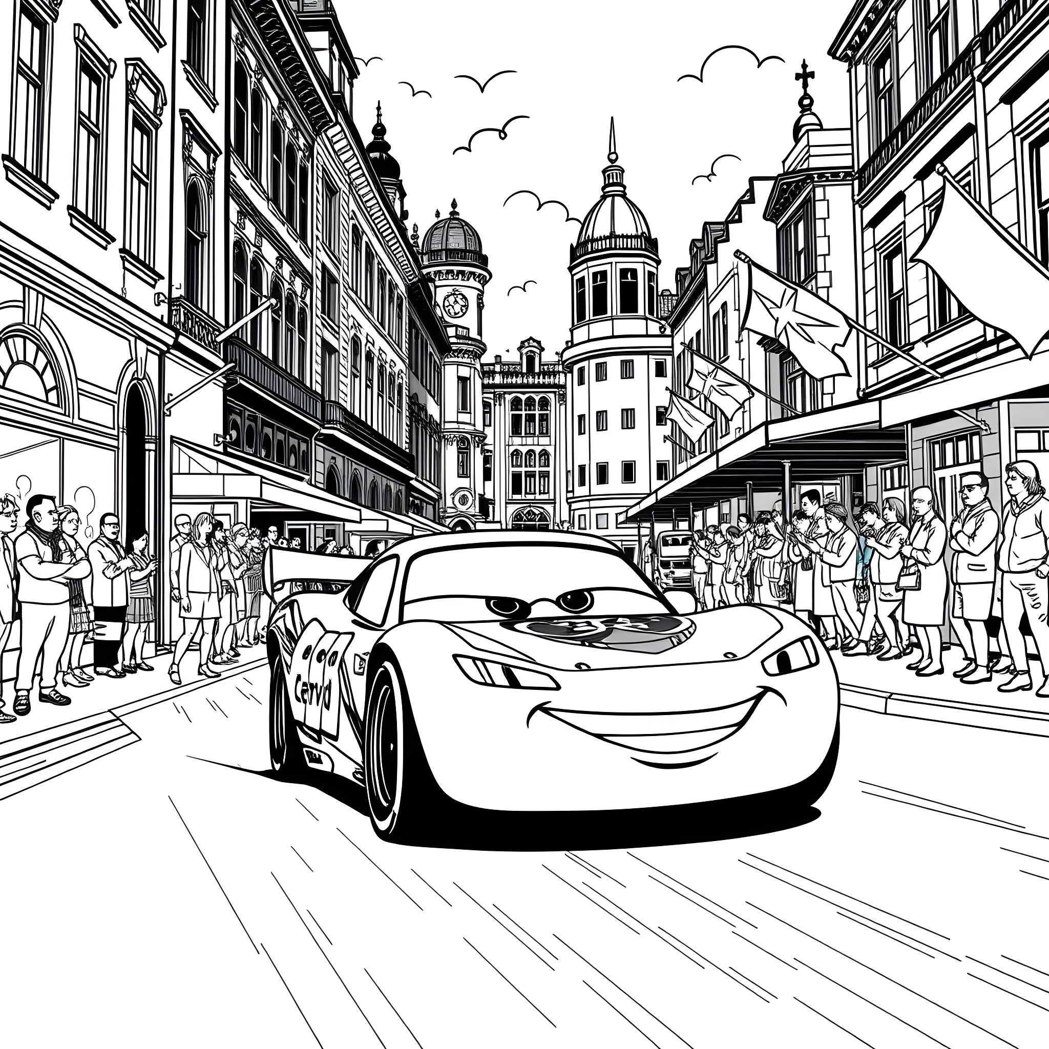 Lightning McQueen races through busy city streets Coloring Page (free black-and-white line drawing printable PDF for all, from beginners to advanced learners, including children, teens, adults, and seniors)