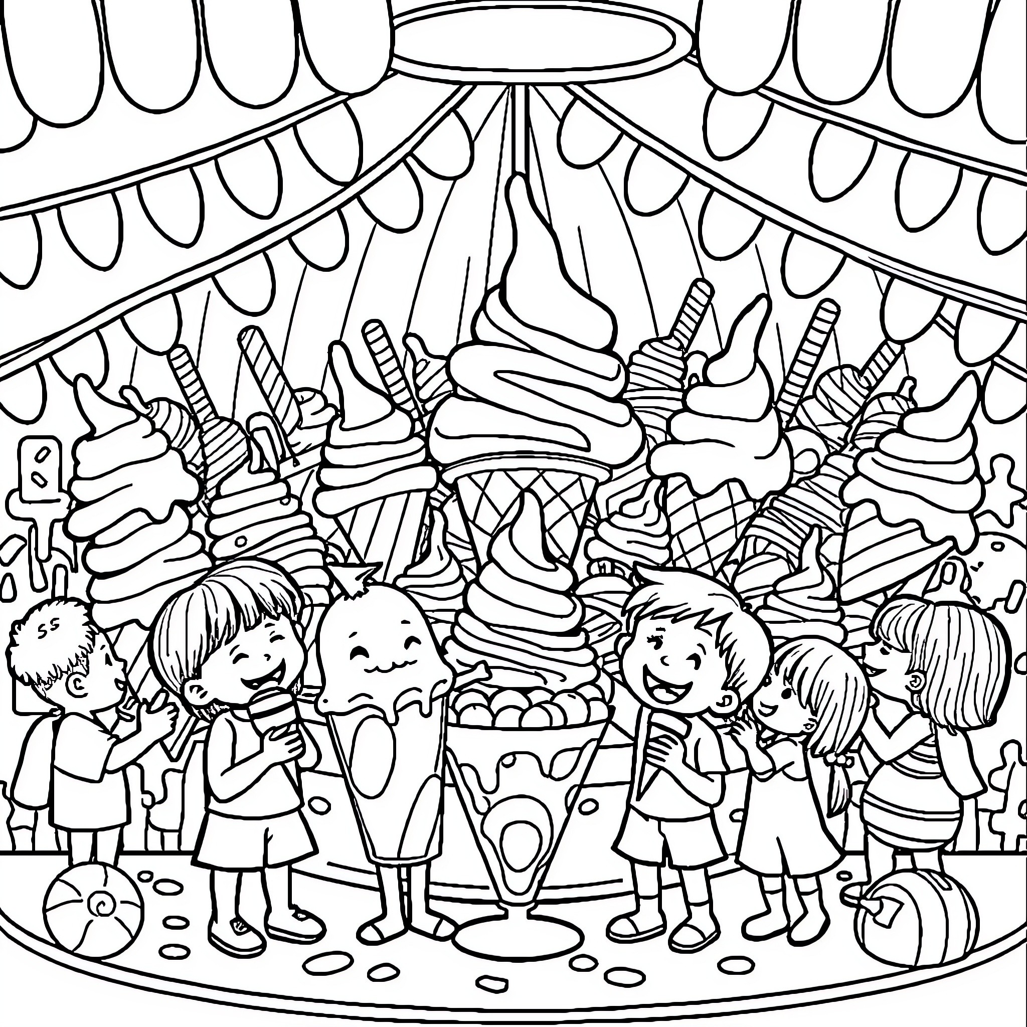 Ice Cream Carnival Fun with Children Coloring Page (free black-and-white line drawing printable PDF for all, from beginners to advanced learners, including children, teens, adults, and seniors)