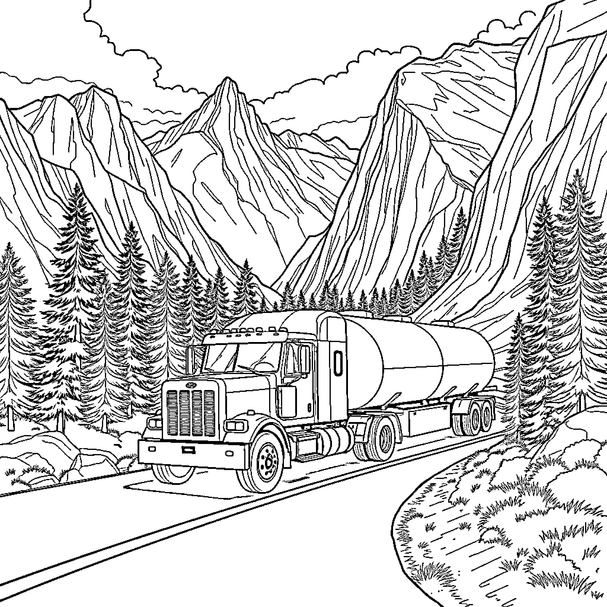 Propane Truck Transporting Cargo Through Mountainous Landscape Coloring Page (free black-and-white line drawing printable PDF for all, from beginners to advanced learners, including children, teens, adults, and seniors)