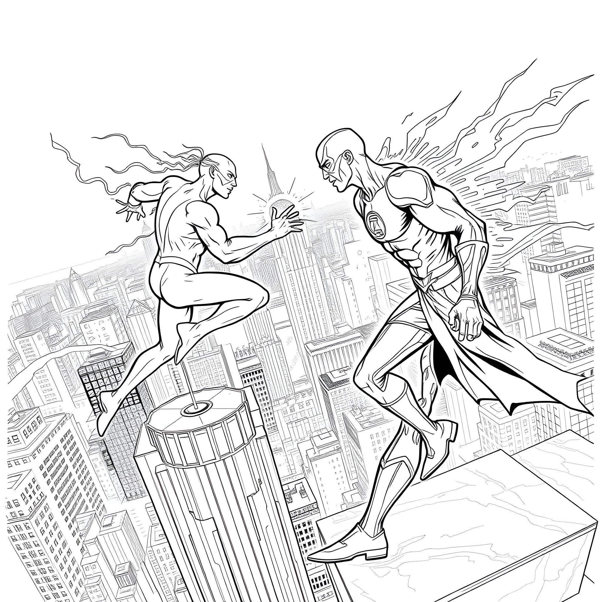 Flash Heroes Clashing in Aerial Battle Above City Coloring Page (free black-and-white line drawing printable PDF for all, from beginners to advanced learners, including children, teens, adults, and seniors)