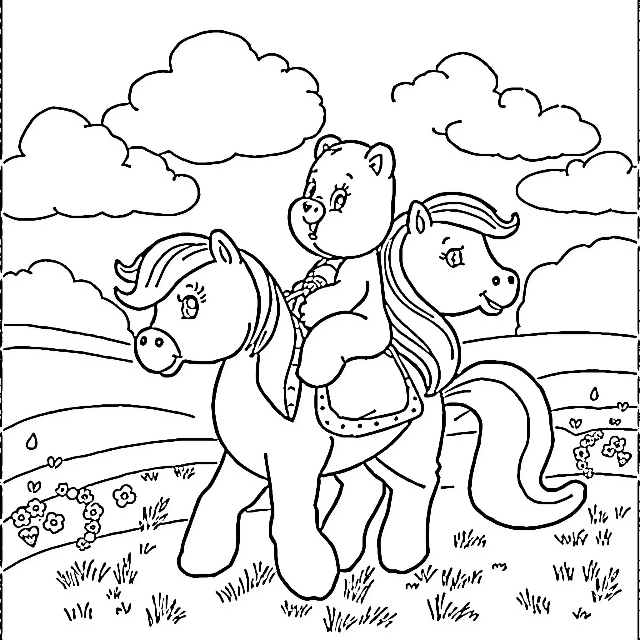 Care Bear riding a happy pony in a field Coloring Page (free black-and-white line drawing printable PDF for all, from beginners to advanced learners, including children, teens, adults, and seniors)