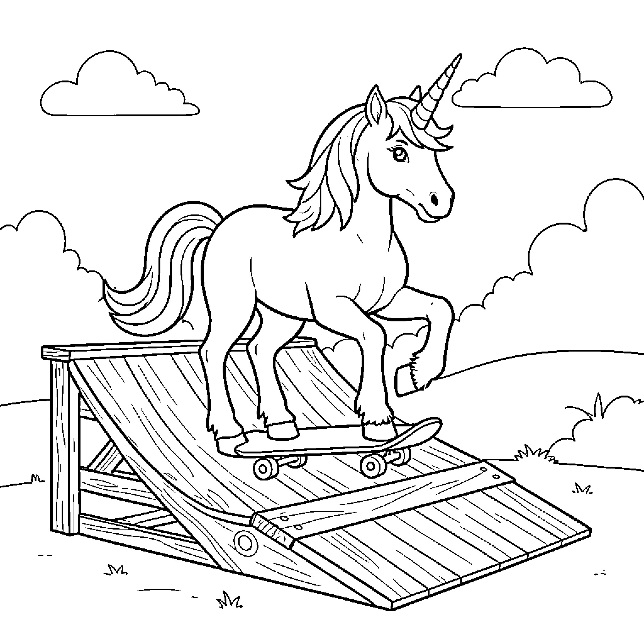 Unicorn riding a skateboard in a whimsical landscape Coloring Page (free black-and-white line drawing printable PDF for all, from beginners to advanced learners, including children, teens, adults, and seniors)