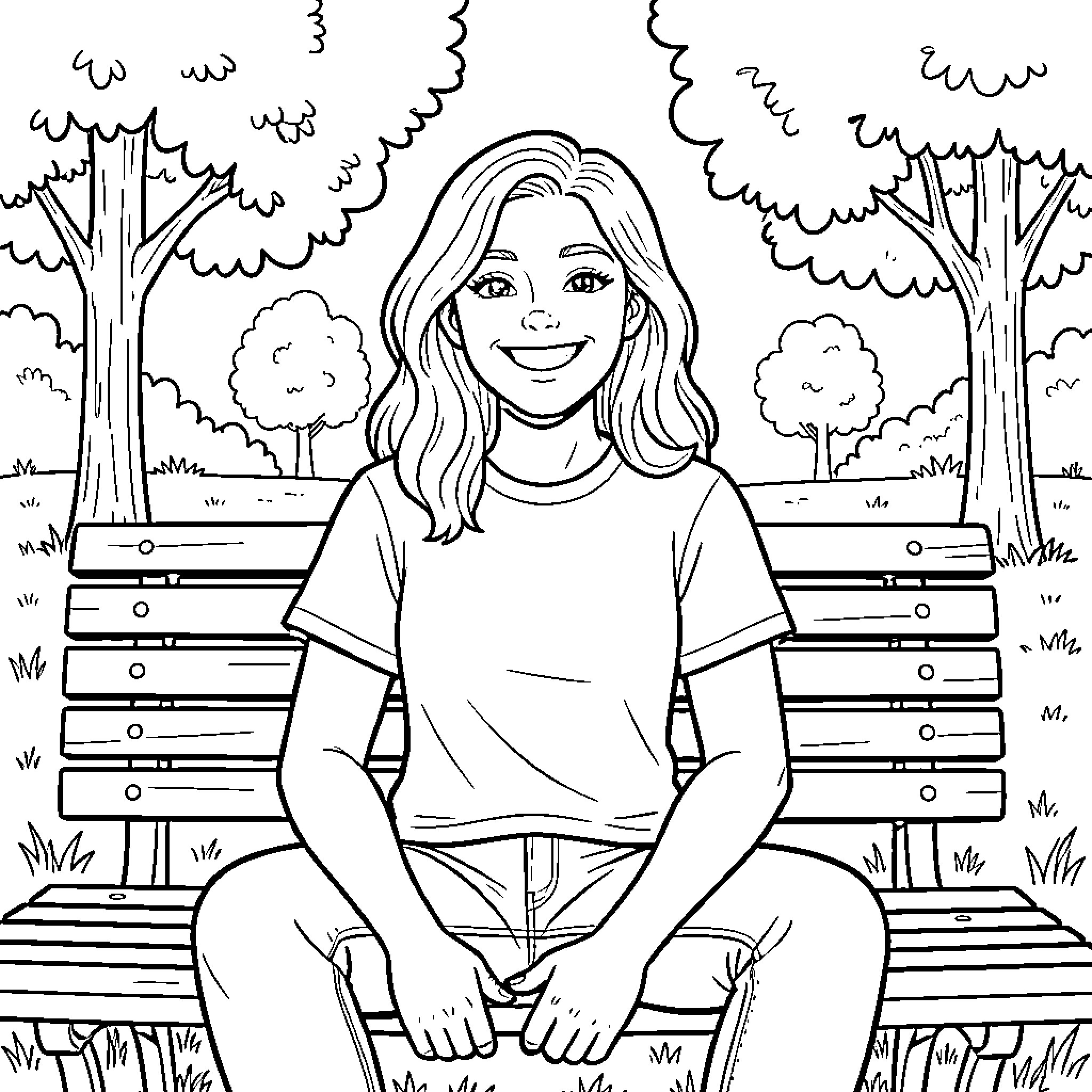 AJ Enjoying a Peaceful Moment Outdoors Coloring Page (free black-and-white line drawing printable PDF for all, from beginners to advanced learners, including children, teens, adults, and seniors)