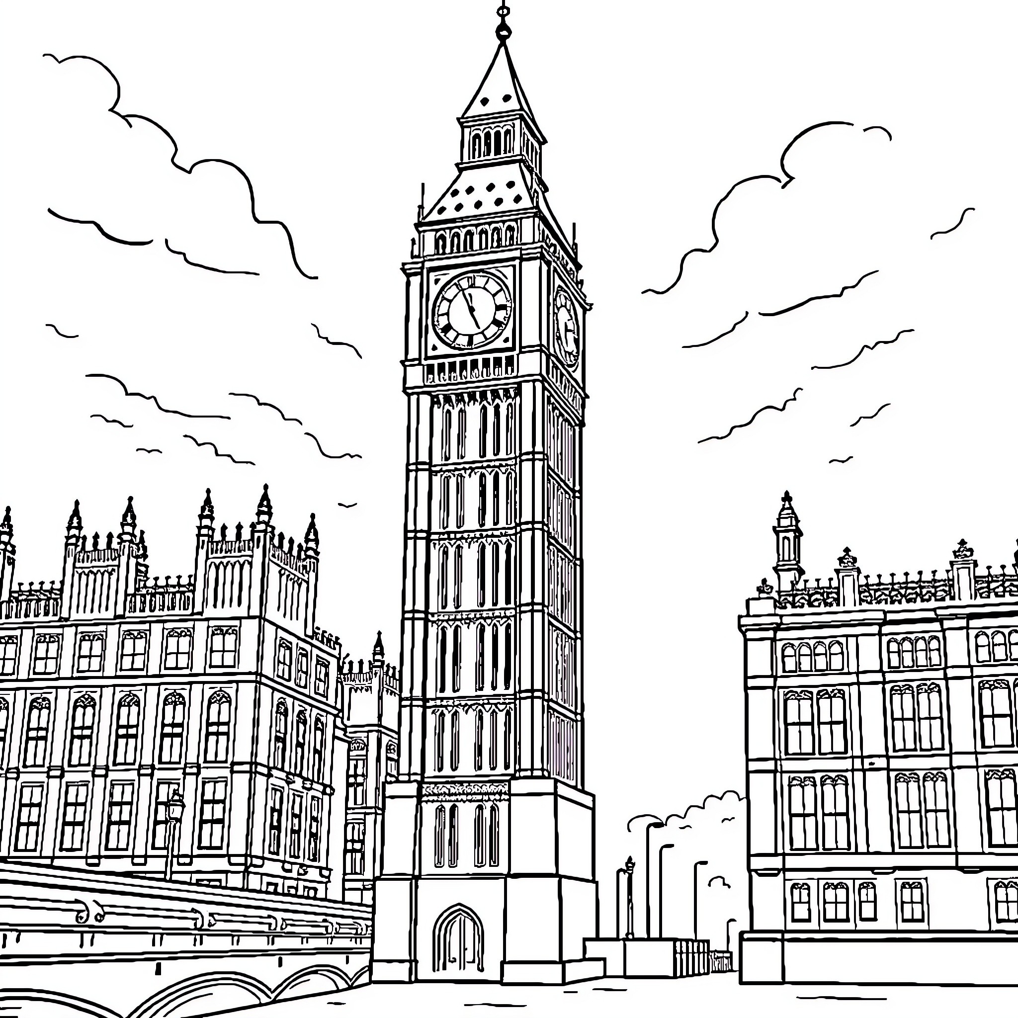 Big Ben in a majestic city skyline Coloring Page (free black-and-white line drawing printable PDF for all, from beginners to advanced learners, including children, teens, adults, and seniors)