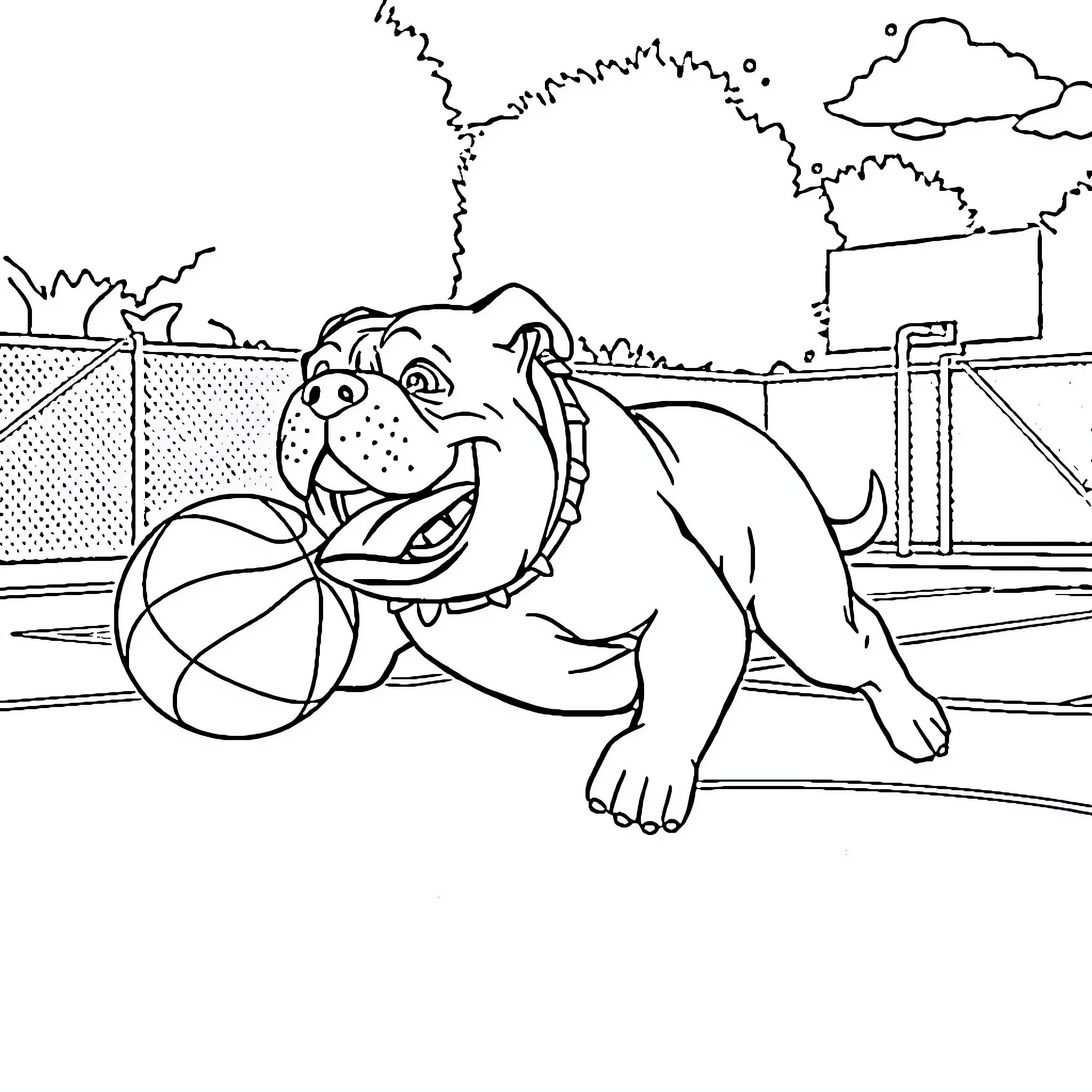 Bulldog playing with a basketball in the park Coloring Page (free black-and-white line drawing printable PDF for all, from beginners to advanced learners, including children, teens, adults, and seniors)