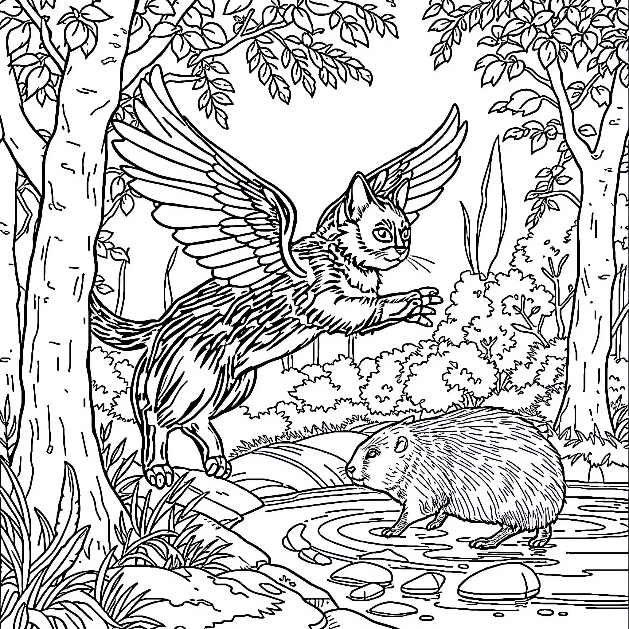 Cat with wings in a forest setting Coloring Page (free black-and-white line drawing printable PDF for all, from beginners to advanced learners, including children, teens, adults, and seniors)