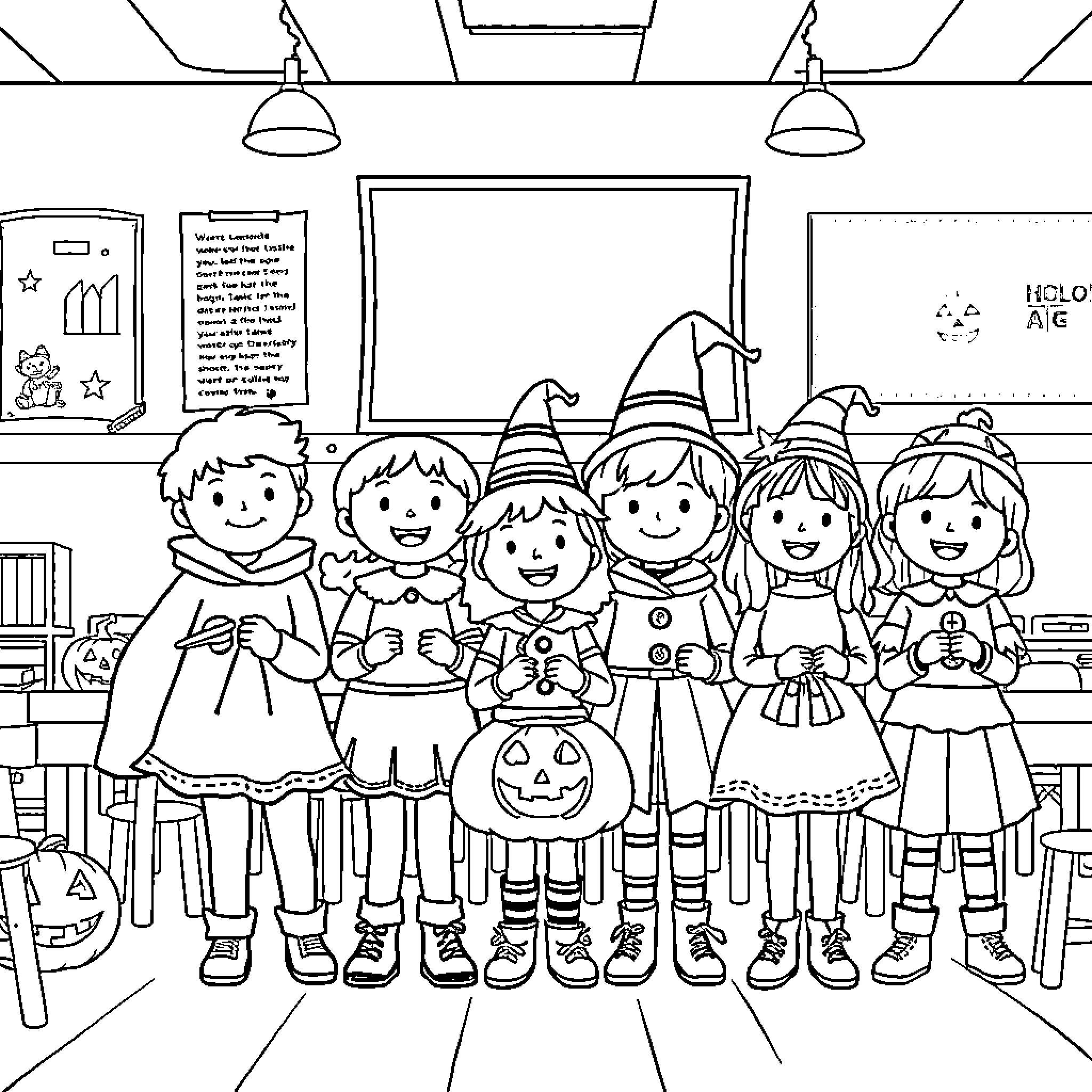 Child characters dressed up for Halloween party Coloring Page (free black-and-white line drawing printable PDF for all, from beginners to advanced learners, including children, teens, adults, and seniors)